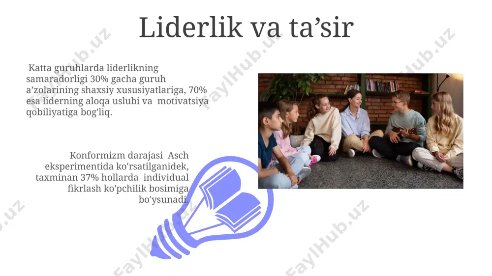 qlash orqali, guruh a'zolarining 70% gacha o'zlarini guruhning bir qismi sifatida his etishlariga olib keladi. guruh koheziyasi, o'zaro bog'liqlik va o'xshashlik darajasi orqali, individual ijtimoiy ta'sirga qarshilikni 30% ga oshirishi mumkin. guruh normasi va bosimi bosimning 35% gacha bo'lgan qismi, ochiq noroziliklar orqali emas, balki noaniq, nozik xabarlar orqali amalga oshiriladi, bu esa guruh konformizmiga yashirin ta'sir ko'rsatadi. konformizm darajasi, guruh o'lchami bilan to'g'ridan-to'g'ri proportsional emas, balki 3-5 kishilik guruh allaqachon kuchli ta'sir ko'rsata oladi, ko'proq odamlar qo'shilishi sezilarli darajada o'zgarish keltirmaydi. guruh munosabatlari va ijtimoiy ta’sir 01 02 deindividuatsiya hodisasi katta guruhlarda shaxsning o'ziga xos xususiyatlarini yo'qotishiga va ijtimoiy normalarning buzilishiga olib keladi, bu esa zo'ravonlik va agressiv xatti-harakatlar ehtimolini 20% ga oshiradi. sales 1st qtr 2nd qtr 100 0 sales 1st qtr 2nd qtr 100 0 e'tiboringiz uchun rahmat @taqdimot_robot image4.jpg image5.jpg image6.jpg image7.jpg image8.jpg image9.jpg image10.jpg image11.jpg image12.jpg image13.jpg image14.jpg image15.jpg image1.jpeg image2.jpeg image3.jpeg