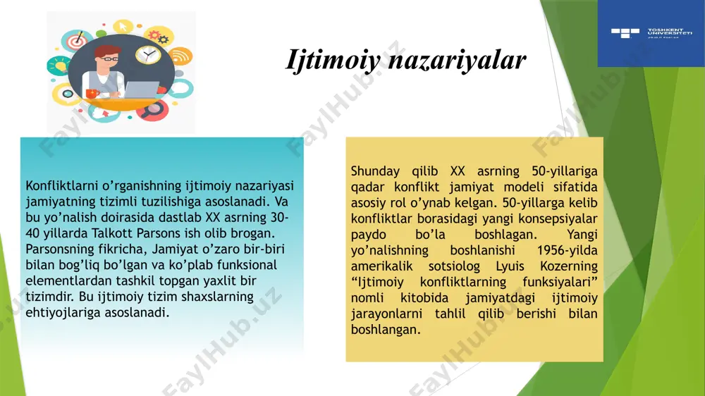 an yoki rad etgan tamoyillar): jamoaviy, gruppaviy yoki shaxsiy e’tiqod, ishonmagan va ishongan qadriyatlarimiz va ularning xulqda namoyon bo’lishi, mafkuraviy, madaniy, diniy, axloqqa oid, siyosiy, professional qadriyatlar va ehtiyojlar borasida kelib chiqishi mumkin bo’lgan nizolar; 4. munosabatlar omili: bunday omillar bevosita o’zaro aloqalar va muloqotdan insonning qoniqishi yoki noma’qul, deb e’tirof etishidan kelib chiqadi. shaxslararo o’zaro munosabatlarda ko’proq bir shaxsning kutishlariga boshqa bir insonning yoki odamlarning muomalasi mos kelmasligi xolatlarida shaxsiy nizolar kelib chiqadiki, ularning bartaraf bo’lishi turli vaziyatlarda turlicha tus olishi, cho’zilib ketganda, battar “gazzak” otishi, qisqa fursatda xal etilsa, muammo xal bo’lishi ham mumkin. shaxsiy muloqotdagi nizolar shaxsning hayotiy tajribasi, ma’lumotliligi darajasi, professional mahoratiga bog’liq ravishda turli ko’rinishlarda o’z yechimini topishi mumkin; 5. xulq-atvor bilan bog’liq omillar: manfaatlar, qiziqishlar, o’ziga bo’lgan bahoga zid keladigan yoki xavf-xatar tug’diruvchi vaziyat paydo bo’lishi bilan go’yoki, himoya vositasi sifatida paydo bo’luvchi omillar turkumi bo’lib, bu ikkinchi tomonning xudbinligi, adolatsizligi, mas’uliyatsizligi yoki loqaydlik, …