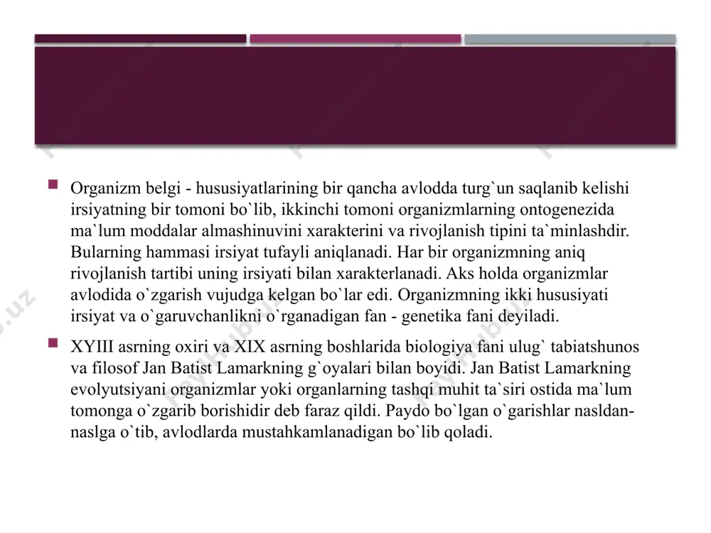 o`tkazilishi isbotlangan. r.n.k. oqsil sintezida ishtirok etadi.bunda 20 ta aminokislota qatnashib, u;arning sintezlanishi 1,5 daqiqa davom etadi. xromosomalarda yanada maydaroq zarralar, ya`ni oqsil sintezini belgilab beradigan genlar bor. gen irsiyat birligidir. genetika fanining eng katta yutig`i d.n.k. molekulasidan gen ajratib olindi va sintez qilindi. gen bir-biriga yaqin bo`lsa, ular belgilab beradigan belgilarning naslda namoyon bo`lishi ehtimoli shuncha katta bo`ladi. odamning jinsiy xujayralarida xromosomalar 23 ta bo`lib, diploid soni ta, ya`ni 22 ta juft autosoma(jinnsiz xromosomani) va ikkita jinsiy xromosomani o`z ichiga oladi. jinsiy xromosomaar qiz xujayralarda “xx”, erkak xujayralarda esa “xy” deb belgilanadi. tirik organism ko`payish orqali o`ziga o`hshahs organizmlarni hosil qiladi. 1871 yilda talaba gamm va levenguk erkak jinsiy suyuqligida- spermatozoidlarni topdi. bu so`z urug`lik jonivor degan ma`noni anglatadi. urg`ochijinsiy xujayalar taraqqiyoti ovolyatsiya deyiladi erkak va qiz xujayralarining qo`shilishi urug`lanish deyiladi, natijada zigota-undan esa embrion hosil bo`ladi. jinsiy xujayralar bir-biridan qancha uzoq bo`lsa, zigotada ichki qarama- qarshilik paydo bo`ladi, …