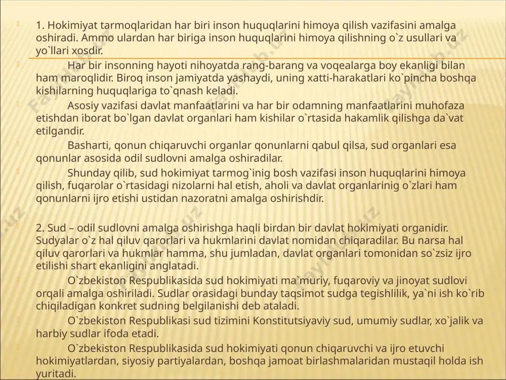 asi qonunlarining o`zbekiston respublikasi qonunlariga mufoviqligi to`g`risida xulosa beradi; o`zbekiston respublikasi konstitutsiyasi va qonunlari normalariga sharh beradi; o`zbekiston respublikasi konstitutsiyasi va qonunlari bilan berilgan vakolat doirasida boshqa ishlarni ham ko`rib chiqadi. oliy sud: o`zbekiston respublikasi oliy sudi fuqaroviy, jinoiy va ma`muriy sud ishlarini yuritish sohasida sud hokimiyatining oliy organi hisoblanadi; o`zbekiston respublikasi oliy sudi qoraqalpog`iston respublikasi oliy sudlari, viloyatlar, shaharlar, tumanlararo, tuman sudlari va harbiy sudlarning sudlov faoliyati ustidan nazorat olib borish huquqiga ega; o`zbekiston respublikasi oliy sudi ishlarni birinchi instansiya sudi sifatida va nazorat tartibida ko`rib chiqadi. o`zbekiston respublikasi oliy sudi tomonidan birinchi intansiya bo`yicha ko`rib chiqilgan ishlar apellyatsiya yoki kassatsiya tartibida shikoyat (protest kiritish) qilishga haqli shaxsning ixtiyoriga ko`ra ular tomonidan apellyatsiya yoki kassatsiya tartibida ko`rib chiqilishi mumkin. apellyatsiya tartibida ko`rib chiqilgan ishlar, kassatsiya tartibida ko`rib chiqilishi mumkin emas. o`zbekiston respublikasi oliy xo`jalik sudi: o`zbekiston respublikasi oliy xo`jalik sudi xo`jalik sudi ishini yuritish sohasida oily organ sanaladi. o`zbekiston …