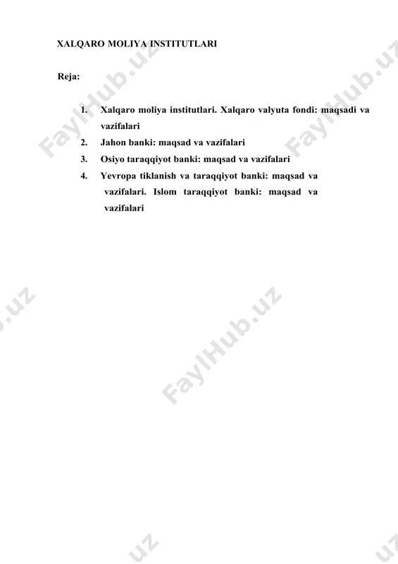 strategik hamkorligi bilan “fargonazot” aj ustav kapitalidagi aksiyalar paketini xususiylashtirish bo‘yicha kelishuv muvaffaqiyatli erishilganini qayd etdi. shuningdek, “navoiyazot” ajni xususiylashtirish bo‘yicha keyingi chora-tadbirlar va hamkorlikning boshqa istiqbolli yo‘nalishlarini ishlab chiqish bo‘yicha maslahat yordami. xalqaro moliya korporatsiyasi va boshqa xalqaro rivojlanish moliya institutlari faoliyatini toʻldiradi. ushbu maqsadga erishish uchun boshqa a'zo davlatlardan har qanday a'zo davlatga kiritilgan investitsiyalarga nisbatan notijorat risklardan qo'shma sug'urta va qayta sug'urtalashni o'z ichiga olgan kafolatlar beradi. seul konventsiyasining 11-bandiga binoan, ikka investorlarga quyidagilar bilan bog'liq xavflarni qoplashni kafolatlashi mumkin: · valyutani qabul qiluvchi davlatdan tashqariga o'tkazish bo'yicha cheklovlar; · ekspropriatsiya va shunga o'xshash choralar; · qabul qiluvchi davlatning kafillik egasi bilan shartnoma tuzishdan bosh tortishi yoki bunday kelishuvni buzganligi; 1.xalqaro moliya institutlari. xalqaro valyuta fondi: maqsadi va vazifalari. xalqaro moliya korporatsiyasi (xmk) 1956 yilda taraqqiy etayotgan mamlakatlarda xususiy sektorni barqaror rivojlanishini rag‘batlantirish, ularda kambag‘allik miqyosini qisqartirish va shu mamlakatlarda aholi turmush darajasini oshirish maqsadida aqsh tashabbusi …
