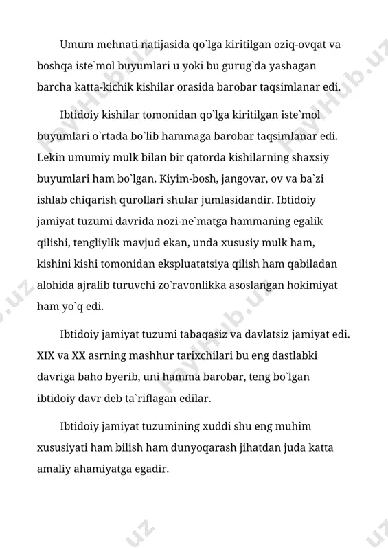 davomida etn. va arxeologiya sohalarida fan olamida qo’lga kiritilgan yutuqlar harbiy demokratiya davrini sinfsiz jamiyatdan birinchi sinfiy jamiyatga o’tish bosqichi sifatida qarashni, shuningdek, "ibtidoiy urug’chilik jamoasi" davrini ikki fazaga bo’lishlikni taqozo etadi. ibtidoiy urug’ jamoasining har ikkala fazasi davomida inson hayotida juda katta sifat o’zgarishlari yuz berdi. bu davrda dastlabki jamoa bo’lib yashash kurtagi paydo bo’ldi. bu kurtak urug’ jamoasining tarkib topishiga asos solgan onalar atrofida yuz berdi. shuning uchun ham urug’chilik jamoasining bu ilk fazasi — ona urug’i — matriarxat deb ataldi. urug’chilikning birinchi tadrijiy rivojlanish fazasida i. ch. munosabatlari to’laligicha urug’ manfaatiga mos tushadi, jamoada ijtimoiy i. ch. hukmron. endi ibtidoiy urug’chilik jamoasining ikkinchi fazasida i. ch. munosa-batlari asta-sekin urug’ manfaati do-irasidan chiqa boshlaydi. bunday ijtimoiyiqtisodiy o’zgarishlar ibtidoiy jamoa xo’jaligida dehqonchilik va chorvachilikning kelib chiqishi rivojlanishi b-n, jamoada ortikcha mahsulotning paydo bo’lishi va bozor munosabatlarining tarkib topishi bilan bog’liq edi. bu jarayonlar, albatta, i. ch. da erkaklar mehnatiga …