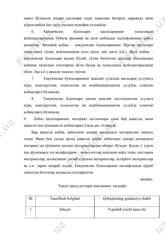 nоlоgik; kоmbinatsiyalangan. 7 matеriallarning qavatlar miqdоri bir qavatli ikki qavatli ko’pqavatli либос қисмларининг қўриниш-тузилиш услублари. тикувчилик буюмларининг асосий сифат кўрсаткичи, ясси материаллар (матолар, трикотаж полотнолари ва ҳ.к.) дан олинган шакл ҳажмининг бардошлилигида намоён бўлади. бунда тикувчилик буюмларининг қўриқни услублари билан шаклий тузилишнинг амалдаги усулларини аниқ-тиниқ фарқлай билиш керак. тикувчилик буюмларининг қўриш-тузилиш услублари, унинг конструкциясини ишлаш жараёнида лойиҳалаштирилади. шу билан бир қаторда ясси материалдан исталган қўришнинг ҳажмини олиш усуллари ҳам ишлаб чиқилади. энди тикувчилик буюмлари қисмларининг қўриниш тузилиши методлари билан батафсил танишиб чиқсак (схема). қўриниш тузилишни учта асосий услубга ажратиш мумкин: конструктив, технологик ва комбинацияланган (қурама). конструктив услуб. конструктив услуб бу – яхлит тарздаги газлама ва яхлит тарзда тўқилган либос турларини яратиш услуби саналади. шунингдек, у ўз ичига либос турлари ва уларни яратиш услуби, ясси қисмларни бирлаштирган ҳолда қўриш ҳажмига эришиш кабиларни қамраб олади. яратилган шакл (қиёфа) тикувчилик буюмнинг талаб қилинган кўринишига эришишга имкон беради. яхлит тарздаги газлама ва яхлит тарзда …