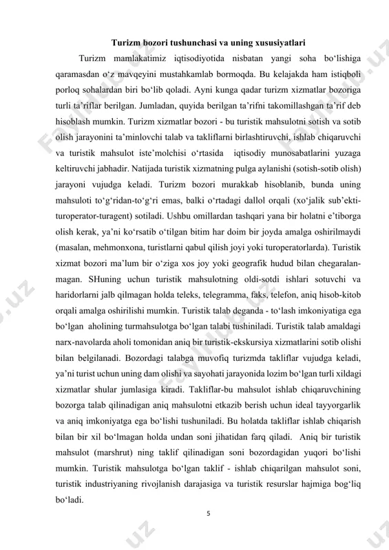 g kirib kelishi uchun sharoit yaratiladi. turistik xizmat bozori o‘zining qabul qila olish chegarasi (sig‘imdorligi) bilan tavsiflanadi, ya’ni aniq bir belgilangan davrda (mavsum bir oyda) belgilangan turistik mahsulotni amaldagi narxlar va takliflarga muvofiq sota olishidir. bozorning sig‘imdorligi aholining talab doirasida to‘lov qobiliyatiga egaligi, narx darajasi va turistik takliflarning tavsifiga bog‘liq bo‘ladi. turistik mahsulotga bo‘lgan talab va narx darajasiga qarab qisqarishi yoki bo‘lmasa, aksincha oshib borishi mumkin. bozorning sig‘imi va uning o‘zgarish tendensiyasini biladigan korxona ushbu bozordan rivojlanish darajasi uchun foydalanish imkoniyatiga ega bo‘ladi. turistik xizmat bozorida: bir-biriga qarama-qarshi harakatlanadigan hamda turistik aylanma harakatni yaratuvchi pul oqimi yo‘nalishi va turistik mahsulotning muntazam harakatlanishini yaratib beruvchi omil vujudga keladi ma’lumki bozor - bu turli mexanizmlardan iborat bo‘lib, turli mahsulot turlari va xizmatlar uchun tug‘ilajak talab va takliflarni muvofiqlashtirib turadi. unda katta hajmdagi bir-biri bilan bog‘liq bo‘lmagan aniq bir mahsulot -ya’ni, turistik mahsulotni sotib olishga xohishi va iloji bor potensial haridorlar harakat qilishadi. …