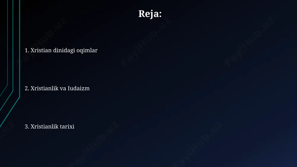 tasniflanadi. masalan, erta gnostiklar isoning jismoniy masih sifatidagi rolini rad etishgan, 2-3 asrlarda bu bahslarga sabab bo'lgan. isoni masih deb tan olish bibliyada, xususan yangi ahdda muhim ahamiyatga ega. matto 16:16 da butrus isoni "masih, tirik xudoning o'g'li" deb e'lon qiladi, bu xristianlar uchun asosiy e'tirofdir. dinlararo munosabatlar va kelajak kelajakda dinlararo muloqotni rivojlantirish uchun ta'lim, iqtisodiy hamkorlik va umumiy qadriyatlarni aniqlash zarur. masalan, 7 asosiy dinning umumiy axloqiy tamoyillari mavjud. globalizatsiya, texnologiyalar va migratsiya turli diniy guruhlar o'rtasidagi aloqalarni 3 karra oshirdi, ammo bu ba'zan 5 dan ortiq ziddiyatlar va noto'g'ri tushunishlarga olib keladi. isoning hayoti va ta'limoti iso taxminan miloddan avvalgi 4-6 yillarda tug'ilgan. uning hayoti injilning 4 ta asosiy qismi - matto, mark, luqo va yuhanno xabarlarida batafsil bayon qilingan. iso yahudiyada o'sib-ulg'aygan va 30 yoshida yahyo payg'ambardan suvga cho'mgan. uning uch yillik ommaviy xizmati davomida mo'jizalar ko'rsatgan va ta'limot tarqatgan. xristianlikning tarqalishi va rivojlanishi xristianlik 1-asrda …