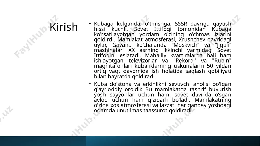 fodalaydi. tashkilot yoshlarning ta’lim-tarbiyasi, madaniyati va sportini rivojlantirish, shuningdek, ularni ijtimoiy himoya qilish masalalari bilan shug‘ullanadi. xose marti nomidagi kashshoflar tashkiloti (organización de pioneros josé martí, opjm) ushbu tashkilot 5 yoshdan 15 yoshgacha bo'lgan bolalar va o'smirlarni birlashtiradi. opjm vatanparvarlikni singdirish, ma’rifiy va ko‘ngilochar tadbirlarni tashkil etish, bolalarning ijodiy qobiliyatlarini rivojlantirishga bag‘ishlangan. 3.kubaning ta'lim siyosati. kubaning ta'lim siyosati keng qamrovli umumiy rivojlanishga qaratilgan erta yoshdan boshlab bolalar va yoshlar bilimi va doimiy va chuqur o'rganishni rag'batlantirish. uning maqsadi sifatni yaxshilashdir ta'lim-tarbiya jarayoniga va tabaqalashtirilgan munosabatni targ'ib qilish talabalar, o'qituvchilarning barqarorligi va yaxshilangan moddiy sharoit ta'lim infratuzilmasidir. ushbu ta'lim siyosati har bir ta'lim darajasiga (boshlang'ich, asosiy o'rta, universitetgacha, texnik kasb-hunar, universitet, kattalar ta'limi va maxsus ta'lim) muvofiq tashkil etilgan etti kichik tizimdan iborat milliy ta'lim tizimi shaklida amalga oshiriladi. hech qanday kamsitishlarsiz ta'lim olish imkonini beradi. ta’lim tizimining qamrovi, uning bepulligi, boshlang‘ich va o‘rta ta’lim bosqichlarining majburiyligi o‘zaro uyg‘unlashib, bolalar va …