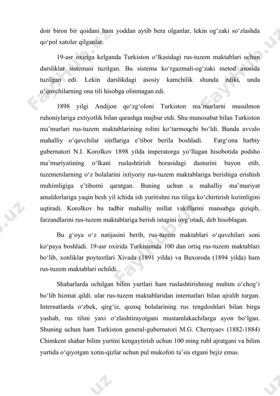 . internatlarda o‘zbek, qirg‘iz, qozoq bolalarining rus tengdoshlari bilan birga yashab, rus tilini yaxi o‘zlashtirayotgani mustamlakachilarga ayon bo‘lgan. shuning uchun ham turkiston general-gubernatori m.g. chernyaev (1882-1884) chimkent shahar bilim yurtini kengaytirish uchun 100 ming rubl ajratgani va bilim yurtida o‘qiyotgan xotin-qizlar uchun pul mukofoti ta’sis etgani bejiz emas. ammo rus amaldorlariga ruschani yaxshi bilgan va xalq ko‘zini ochib g‘aflat uyqusidan uyg‘otadigan ziyolilar kerak emas edi. mustamlaka ma’muriyati turkiston ziyolilari katta mansabga erishsa, o‘z xalqi uchun xizmat qilishlari va mustamlaka tartiblariga qarshi chiqishlari mumkinligidan xavfsirashgan. shu boisdan ham mustamlaka ma’muriyati mahalliy millat vakillari orasidan yetishib chiqqan oydin fikrli ziyoliliarni doimo ta’qib etishga harakat qilgan. mahalliy xalq manfaatlari yo‘lida qayg‘uradigan ilm odamlari, millatparvar kishilar mahalliy boshqaruvga umuman yaqinlashtirimagan. bunday kimsalar savylovlarda g‘olib bo‘lsada, rus ma’muriyati tomonidan saylov natijalari bekor qilingan. vaholanki, mustamlaka turkistonida mahalliy maktab-madrasalarda saboq olgan, bilimli, savodli kishilar ham ko‘p edi. chor rossiyasi ma’murlarining turkiston o‘lkasida yerli xalq vakillarini qorong‘ulik …