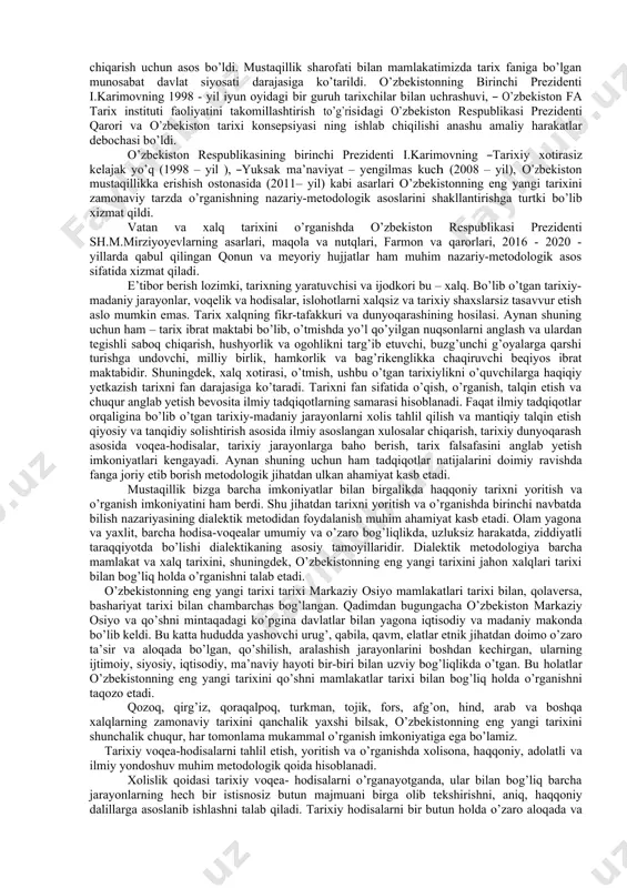 izlik va barqarorlikni ta’minlashda olib borgan siyosati, о’zbekiston respublikasining birinchi prezidenti islom karimov hamda prezident shavkat mirziyoyev rahbarligida amalga oshirilgan islohotlar va ularning natijalari asosida qо’lga kiritilayotgan yutuqlar, respublikada millatlararo va umuminsoniy qadriyatlarning rivojlanishiga yaratilayotgan imkoniyatlar mazkur fanning о’rganish va tahlil qilish obyekti hisoblanadi. milliy istiqlol о’zbek xalqining asriy orzusi, armoni edi. bu yо’lda minglab vatan fidoyilari aziz jonlarini qurbon qildilar. milliy mustaqillikning qо’lga kiritilishi katta yutuq, uning qadriga yetish, mustahkamlash, asrab avaylash mushkul va mas’uliyatli vazifa. har qanday mamlakatning qudrati, uning milliy mustaqilligi davlat chegaralarining daxlsizligi, о’sha mamlakat fuqarolarining о’z yurtiga mehr-muhabbat bilan tarbiya topgani, vatan mustaqilligi va milliy istiqlol uchun kurashda zarur bо’lsa jonini fido qilishga ham tayyor bо’lishdek oliyjanob fazilatlarga ega bо’lishlariga bog’liq. bu fazilatlarni xalq, yurt kelajagi – yoshlar ongida shakllantirish ushbu fanning vazifasi hisoblanadi. shu jihatdan о’zbekistonning eng yangi tarixi fani quyidagi vazifalarni bajaradi: * ajdodlar hayoti bilan bog’liq holda sodir bо’lgan voqealar rivojining mazmun …