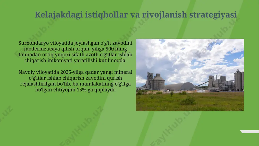 itlar zavodi 2024-yilga qadar 500 ming tonnadan ortiq mineral o'g'itlar ishlab chiqarish quvvatiga ega bo'lgan yangi liniyani ishga tushirishni rejalashtirmoqda. o'g'itlarning sifat nazorati ўзбекистондаги ўғитларнинг сифат сертификатларини олиш учун гост стандартларига ва халқаро талабларга мувофиқ 20 дан ортиқ кўрсаткичлар текширилади. фарғона вилоятидаги ўғит ишлаб чиқариш корхоналарида маҳсулот сифатини назорат қилиш учун 50 дан ортиқ мутахассислар ва 10 дан ортиқ замонавий асбоб-ускуналардан фойдаланилади. energetika ta'minoti va resurslar samaradorligi oʻzbekistonning janubiy hududlarida joylashgan fosforli oʻgʻitlar ishlab chiqarish korxonalari energiyaning 30% ini tabiiy gazdan oladi, bu esa ishlab chiqarish xarajatlarini oshiradi va atrof muhitga ta'sirini kuchaytiradi. navoiy viloyatidagi azotli oʻgʻitlar zavodi yiliga 500 ming tonnadan ortiq mahsulot ishlab chiqaradi, ammo energiya samaradorligi koʻrsatkichlari 20% ga yaqin boʻlib, jahon standartlaridan past. asosiy o'g'it turlari va ularning xususiyatlari qoraqalpog'iston respublikasida ishlab chiqariladigan fosforli o'g'itlar, asosan, paxtachilik va bug'doy yetishtirishda 15-20% hosildorlikni oshirishga yordam beradi. navoiy viloyatida joylashgan “navoiyazot” zavodida yiliga 1 million tonnadan ortiq ammiakli …