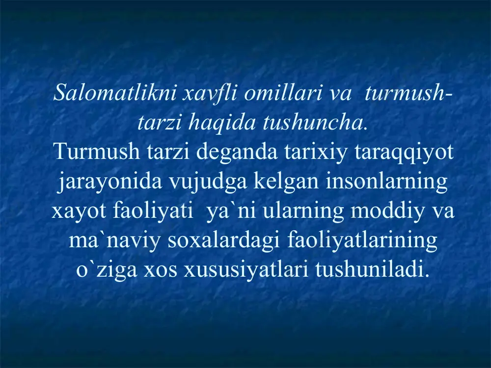 hbu sohani o`rganish uchun ko`pgina ilmiy izlanishlarni olib borilayotganligi bu masalaga katta e`tibor berilayotganligidan dalolat beradi. xozirgi kunda yuzaga yaqin xavfli omillar aniqlangan, ammo ularning ichidan eng muhim, birinchi navbatda kasalliklarni keltirib chiqaruvchi omillarni aniqlash talab etiladi. bunday omillarni aniqlash ularga qarshi maqsadli kurashish birlamchi profilaktik tadbirlarni o`tkazish uchun asos bo`lib xizmat qiladi. bu masalaning muhimligi shundan iboratki ko`pgina surunkali noepidemik kasalliklarni kelib chiqishida, tarqalishida bir-biriga o`xshash bir-xil omillarning ta`siri katta ekanligi aniqlandi. aholi salomatligini saqlash va uni yanada yaxshilashda boshqa omillarning rolini inkor etmagan holda, turmush tarzining ahamiyati beqiyos ekanligini alohida takidlash lozim. shuning uchun aholi orasida sog'lom turmush tarzi ko`nikmalarini hosil qilish, ularning orasida kasalliklarni, nogironlikni o`limni kamayishiga, o`rtacha umrni uzayishiga olib keladi. shunday qilib, turmush tarzi odamlar faolligi yoki ularning tipik faoligi yoki ularning tipik faoliyatini miqdor va sifat tomonlarini uzviy birlikdagi ko`rinishi bo`lib, u ishlab chiqarish kuchlari va ishlab chiqarish munosabatlarining rivojlanganlik darajasini namoyon qiladi. 2013 …