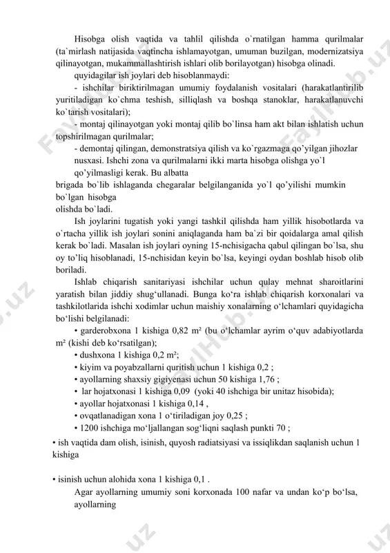 r (mutaxassisligi, toifasi, smenalar bo`yicha soni); - ish joyini yil davomida foydalanish davri; - kiritish vaqti va ish joyini attestatsiya natijasida umumiy bahosi. - hisobga olish birlamchi hujjatlari amaldagi ish joylari uchun bir marta tuziladi, shuningdek yangi ish joylari tashkil qilinganda ular bilan bir vaqtda texnologik va tashkiliy hujjatlar talab qilinganda qaytadan tuzilishi mumkin. ish joylarini hisobga olishda ishda qatnashayotgan va qatnashmayotgan, ishchi kuchi bilan ta`minlangan va ta`minlanmagan ish joylari, shuningdek zahira uchun holdirilgan ish joylari, hamma kategoriyadagi ishchilarni o`qitish uchun mo`ljallangan ish joylari ham hisobga olinadi. zahira va o`qitish ish joylari ma`lumotnoma materiallari asosida olinadi. chunki bu ish joylari hisobda bo`lsa ham, korxonada ish joylari bilan ishlayotgan ishchilarning mutanosiblik darajasini belgilashda qatnashmaydi. hisobga olish vaqtida va tahlil qilishda o`rnatilgan hamma qurilmalar (ta`mirlash natijasida vaqtincha ishlamayotgan, umuman buzilgan, modernizatsiya qilinayotgan, mukammallashtirish ishlari olib borilayotgan) hisobga olinadi. quyidagilar ish joylari deb hisoblanmaydi: - ishchilar biriktirilmagan umumiy foydalanish vositalari (harakatlantirilib yuritiladigan ko`chma …