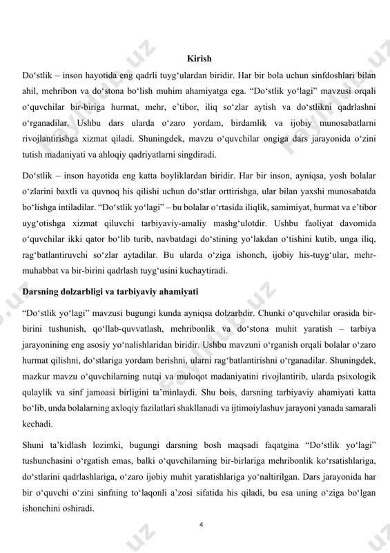 yaviy mazmuni “doʻstlik yoʻlagi”ning ahloqiy-tarbiyaviy mazmuni quyidagilarda namoyon bo‘ladi: · mehribonlikni shakllantirish. o‘quvchilar bir-birlariga mehr ko‘rsatishni o‘rganadilar. · samimiyat va do‘stona muhit. sinf ichida samimiy, hurmatga asoslangan munosabatlar qaror topadi. · o‘zaro hurmat va qadrlash. har bir bola sinfda o‘z o‘rniga ega ekanligini his qiladi. · bir-birini rag‘batlantirish. o‘quvchilar do‘stlarini qo‘llab-quvvatlashning qadrini anglaydilar. · o‘ziga bo‘lgan ishonchni oshirish. iliq so‘zlar bolaning o‘ziga ishonchini mustahkamlaydi. · ijobiy psixologik muhit yaratish. sinfda mehr-oqibat va birdamlik kuchayadi. shuningdek, doʻstlik yoʻlagi orqali o‘quvchilar yaxshi so‘zning qadrini bilishga, so‘zlar yordamida do‘stini sevindirishga va unga kuch bag‘ishlashga o‘rganadilar. bu esa ularning nafaqat maktabda, balki kundalik hayotida ham ijobiy, odobli va samimiy shaxs sifatida shakllanishida muhim o‘rin tutadi. “doʻstlik yoʻlagi” mashg‘uloti faqatgina o‘yinga asoslanmagan, balki uning har bir harakati, aytilgan iliq so‘zi bolalar tarbiyasida chuqur ahamiyat kasb etadi. bu faoliyat davomida o‘quvchilar: · bir-birining his-tuyg‘ulariga hurmat bilan qarashni o‘rganadilar. masalan, kimningdir kayfiyati tushgan bo‘lsa, unga aytilgan iliq …