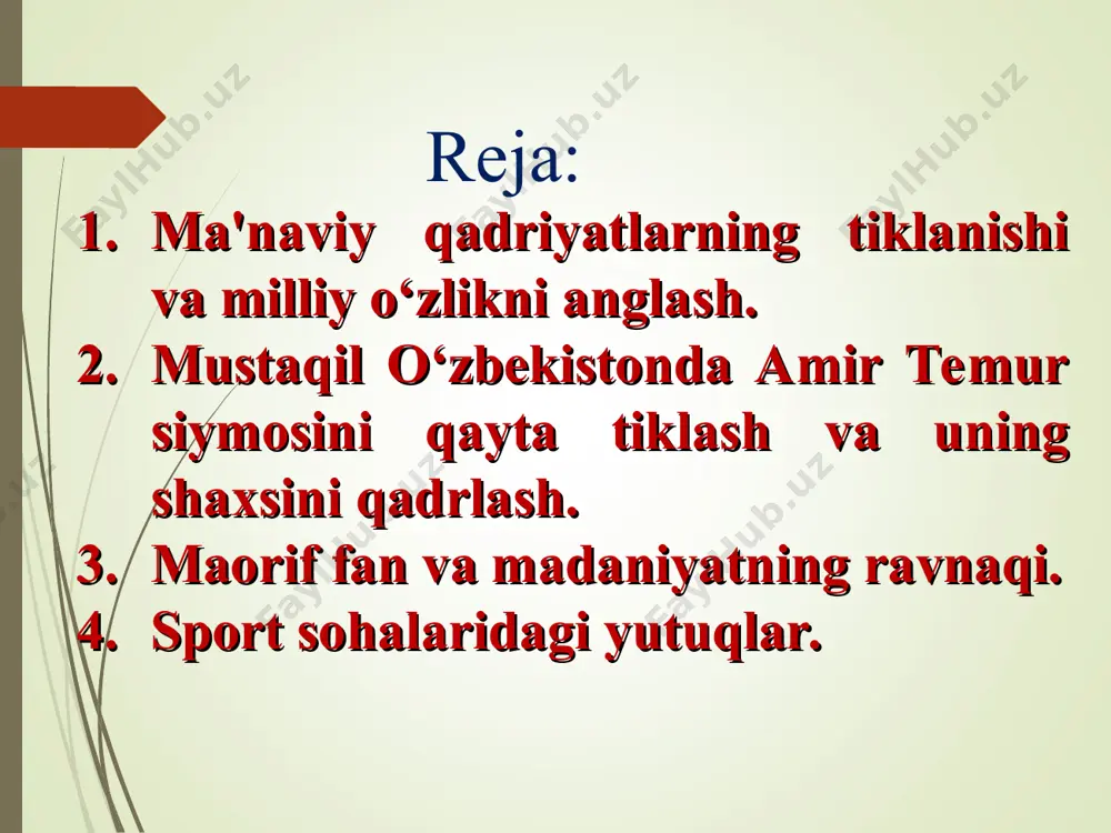 dostonining 1000 yilligi keng nishonlandi. 2000 yilda hazrat a.navoiyning 560 yilligi yana ham kengroq nishonlandi; 2001 yilda xorazmda «avesto»ning 2700 yilligi keng nishonlandi. «avesto» kitobi dunyoga kelganidan buyon ilk marotaba o‘zbek tiliga tarjima qilindi va nashr etildi; 2002 yilda termiz shahrining 2500 yilligi, shahrisabzning 2700 yilligi yunesko ishtirokida keng bayram qilindi; 2003 yilda abduxoliq g‘ijduvoniy tavalludining 900 yilligi nishonlandi. imom abu iso at- termiziyning 1200 yilligi, mahmud az-zamahshariyning 920 yilligi (1995 yil); najmiddin qubroning 850 yilligi, bahouddin naqshbandning 675 yilligi (1993 yil) va hoja ahrori valiyning 600 yilligi keng ko‘lamda nishonlandi; 2000 yili islom olamining ulug‘ huquqshunosi burhoniddin marg‘iloniyning 1200 yilligi va benazir alloma abu mansur moturidiyning 1130 yilligi keng nishonlandi. imom buxoriyning to‘rt jilddan iborat, imom termiziyning bir jildli hadis kitoblari chop etildi. qur'oni karim sakkiz marta, jami bir million nusxada nashr etildi; 2002 yili qur'oni karimning izohli tarjimasi shayx abdulaziz mansur tomonidan tayyorlandi; 2006 yil 3 noyabrь kuni …