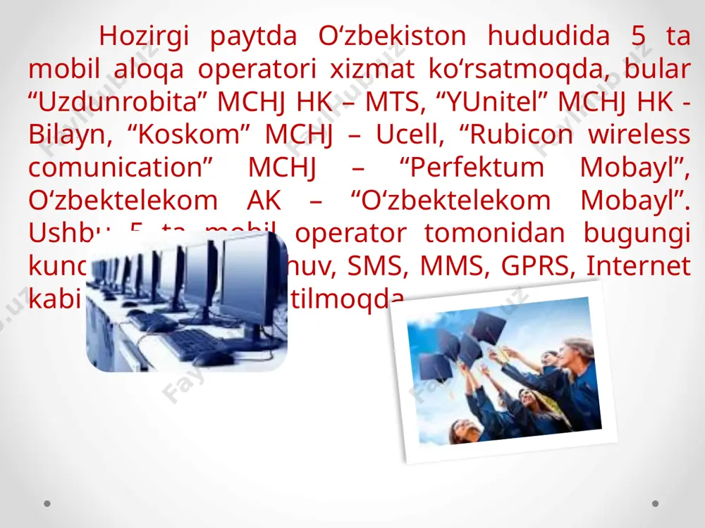 nday tildan olingan? a) inglizcha b) ruscha c) yunoncha 2. smartfon so’zining ma’nosi? a) telefon b) aqilli telefon c) uy telefoni 3._____________ bu maxus mobil qurilma bo’lib shaxsiy kompyuterning klassik namunasidir. a)planshetlar b) internet c) internet planshetlar 4. gsm tarmoqlari abonentlarining soni dunyoda qancha kishini tashkil etadi? a)200 mln dan ortiq b) 300 mln dan ortiq c) 400 mln dan ortiq 5.hozirgi paytda o’zbekiston hududida nechta mobil aloqa operatori mavjud? a)4 ta b)3 ta c)5 ta 6 dastlab _____________________qoʻl telefon aloqa, asosan, analog texnologiyalarga asoslangan a) 20 asrning 70 yillari b) 20 asrning 80 yillari c) 20 asrning 90 yillari 7.mobil aloq vositalarini sanang? a)smartfon b)iphone, planshet c) hamma javob tog’ri 8._______________________mobil aloqada foydalaniladigan telefon apparati turi a)mobil telefon b)oddiy telefon c)planshet 9______________________ abonentlar uchun mobil aloqa xizmatlarini taklif qiluvchi tashkilot a)operatorlar b)mobil aloqa c) mobil aloqa xizmati operatori 10 internet resurslaridan foydalangan holda abonentning mobil telefon orqali shaxsiy elektron …