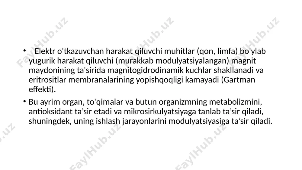 azam mahalliy isishga olib keladi. davo samarasi. proliferativ, katabolik (pastintensivlikdagimm); regenerativ-proliferativ, vazodilyatatsion, mushak bo’shashtiruvchi (yuqori intensivlikdagi mm). ko'rsatmalar. artropatiyalar, neyropatiyalar, mushak kontrakturalari, angiospazmlar, ichki organlarning o'tkirosti va surunkali yallig'lanish kasalliklari (o’sok, pnevmoniya, bronxial astma, xoletsistit, glomerulonefrit, adneksit, prostatit), revmatoid artrit. qo'llash mumkin bo'lmagan holatlar. o'tkir va yiringli yallig'lanish kasalliklari, yurak ishemik kasalligi, zo’riqish stenokardiyasi fs iii, shakllanib bo’lgan yiringli yallig'lanish o’chog’i, yiringli sinusit, yaqqol gipotenziya, insult, metall predmetlar (oskolkalar, shtiftlar) va sun'iy yurak stimulyatori mavjudligi. parametrlar. muolaja o’tkashish uchun "magnit-vch-med teko" qurilmasi, ikv-4 (chastotasi - 13,56 mhz), "uyuch-80-30-undaterm", megatherm, ultratherm (chastotasi - 27, 12 mgts) qurilmalaridan foydalaniladi. texnika. rezonant yoki simli induktorlardan foydalaniladi. rezonant induktorlar bemorning tanasidan 1 sm uzoqlikda (2.14b rangli rasmga qarang), simli - yassi bo’ylama halqa shaklida (odatda orqa tomonda), tekis dumaloq spiral (tanada) va silindrsimon spiral (muchalarda) shaklida qo’llaniladi. magnit-vch-med teko ikv-4 uvch-80-30-undaterm ultraterm muolajalar bemorning issiqlik hissiyotiga va apparatning chiqish quvvatiga qarab dozlanadi. muolajaning davomiyligi …