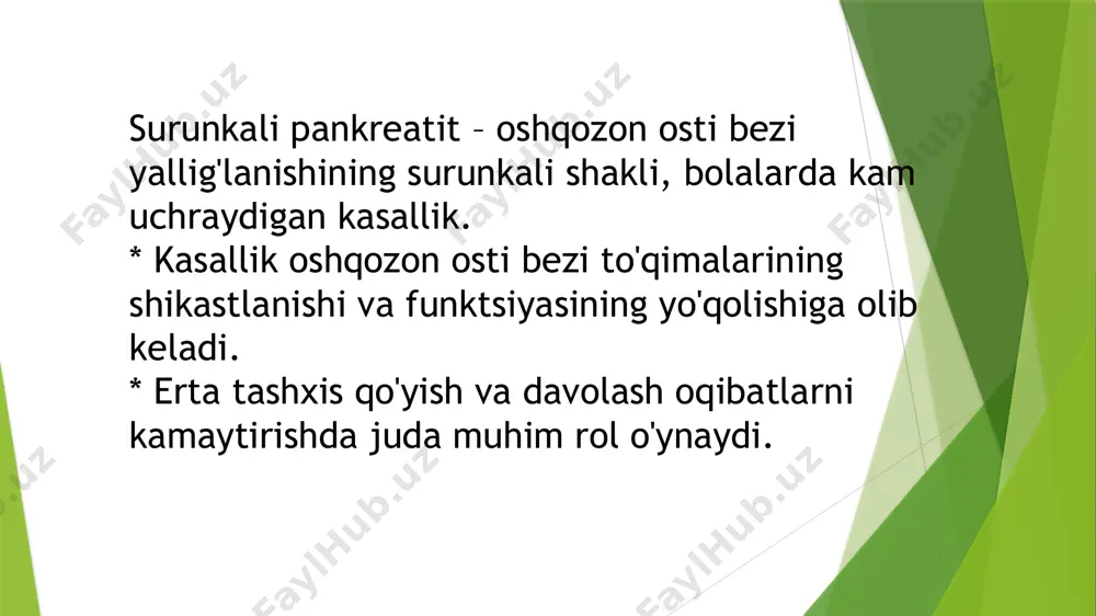 ni cheklash). * jarrohlik (ba'zi hollarda). * qo'llab-quvvatlovchi terapiya. prognoz * kasallikning og'irlik darajasi va erta bosqichlarda tashxis qo'yilishi prognozni belgilaydi. * muntazam nazorat va davolash prognozga ijobiy ta'sir qiladi. xulosa * bolalarda surunkali pankreatit murakkab kasallik. * erta tashxis qo'yish va davolash muhim ahamiyatga ega. * muntazam kuzatuv va maxsus ovqatlanish rejimiga rioya qilish muhim. /docprops/thumbnail.jpeg