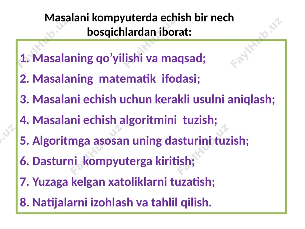 etrli algortim boshlash o’zgaruvchi larni kiritish amal takrorlani shlar soni amal natija tamom boshlash o’zgaruvchi larni kiritish amal shart amal tamom natija qadam + - 2) sharti oldin tekshiriladigan boshlash o’zgaruvchi larni kiritish amal amal natija qadam shart tamom + - 3) sharti keyin tekshiriladigan 4- misol: 1 dan 100 gacha bo’lgan sonlar yig’indisini hisoblovchi dastur algoritimini 3 xil usulda tuzing. izoh: parametrli sharti oldin tekshiriladigan sharti keyin tekshiriladigan boshlash s=0 i=1..100 s=s+i s tamom 1) parametrli boshlash s=0,i=1 i<=100 s=s+i tamom i=i+1; + - 2) sharti oldin tekshiriladigan s boshlash s=0, i=1 s=s+i i=i+1 i<100 tamom + - 3) sharti keyin tekshiriladigan s 31 takrorlanuvchi algaritmga misol quyidagi jarayonning blok-sxemasini tuzing boshlash 1-ko’paytuvchiga qiymat berish k bo’yicha takrorlanish 2-ko’paytuvchiga qiymat berish n bo’yicha takrorlanish 1-ifidani hisoblash 2-ifodani hisoblash umumiy ko’paytmani chiqarish boshlash p=1 k=1..3 p1=1 n=1..5 p1=p1 p=p*p1 p tamom tamom image1.emf image2.emf image3.wmf image4.wmf oleobject1.bin oleobject2.bin image5.wmf oleobject3.bin …