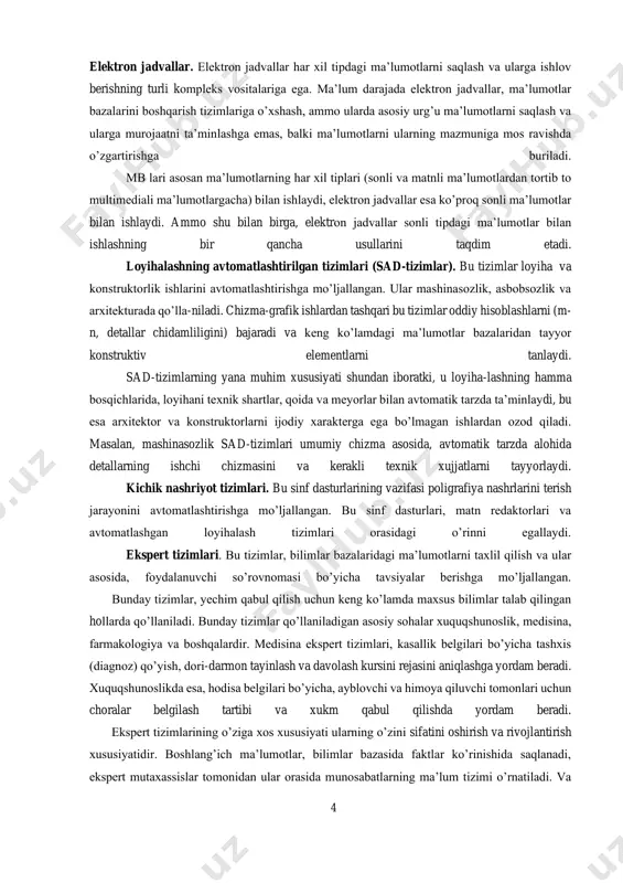 tasvirlar yaratish uchun qulay, ammo amalda tayyor rasmlarga ishlov berishda ishlatilmaydi. ular ko’proq reklama biznesida ishlatiladi va ularni polegrafik nashrlar muqovasini bezashda foydalaniladi. demak, ular badiiy ish chizma ishiga yaqin bo’lgan hamma hollarda ishlatiladi. uch o’lchamli redaktorlar. bu redaktorlardan uch o’lchamli kompozisiyalarni yaratishda foydalaniladi. ular ikki xil o’ziga xos xususiyatga ega. birinchidan, tasvirlanayaptgan obyektni uch o’lchamliligini ko’rsatish uchun obyekt sirti xossalari bilan yorug’lik manbasi o’rtasidagi o’zaro ta’sirni mos ravishda boshqarish; ikkinchidan, uch o’lchamli annimasiyani yaratish imkonini beradi. shuning uchun ham uch o’lchamli grafika redaktorlarini 3d-animatorlar deb ataladi. ma’lumotlar bazasini boshqarish tizimlari. ma’lumotlar bazasi deb, jadval ko’rinishida tashkil etilgan katta xajmdagi ma’lumotlar bazalariga aytiladi. ma’lumotlar bazalarini boshqarish tizimlarining asosiy funksiyalari quyidagilardir: -ma’lumotlar bazasining bo’sh (to’ldirilmagan) tuzilishi (struktura)ni yaratish; -ma’lumotlar bazasini to’ldirish yoki boshqa mbining jadvalidan jo’natish (import) vositalari bilan ta’minlash; -ma’lumotlarga murojaat imkoniyati, va shu bilan birga qidiruv va filtrasiya vositalari bilan ta’minlash. mb ining ko’p tizimlari, qo’shimcha ravishda ma’lumotlarga ishlov …