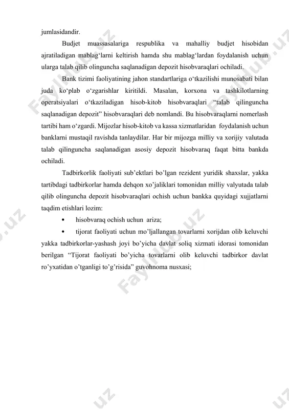 asdiqlovchi xujjat ko’rsatilganda bank tomonidan uning kseronusxasi olinadi va mijozga qaytarib beriladi. demak, yuqorida sanab o‘tilgan barcha hujjatlarning har biri ma’lum maqsadda tuzilib, hammasi birgalikda korxona rahbari tomonidan bank boshqaruvchisiga topshiriladi. bu hujjatlar bank huquqshunosi, boshqaruvchisi tomonidan o‘rganib chiqilgandan so‘ng hisobvaraq ochish uchun ruxsatni bank boshqaruvchisi beradi. boshqaruvchi hisobvaraq ochish uchun roziligini arizaga maxsus ajratilgan joyga o‘z imzosini qo‘yish orqali bildiradi. 2. mijozlarga hisobvaraq ochish tartibi. agar ariza bergan korxona mazkur bankda birinchi marotaba depozit hisobvaraq ochayotgan bo‘lsa, bank o‘zbekiston respublikasi bank depozitorlarining milliy axborot bazasi (bdmab) dan arizachi ro‘yxatdan o‘tganligi to‘g‘risida ma’lumot so‘raydi. agar arizachi bdmabdan ro‘yxatdan o‘tmagan bo‘lsa, bank arizachi taqdim etgan hujjatlar asosida mijoz faylini shakllantiradi. mijoz fayli bankda yuritiladi va unda har bir mijoz to‘g‘risidagi kerakli va to‘g‘ri ma’lumotlar saqlanadi. mijozning fayli shakllantirilgandan keyin bank mijozga identifikator, ya’ni xosraqam berish maqsadida ikkinchi marta bdmabga murojaat qiladi va mijoz to‘g‘risida ma’lumotlarni taqdim etadi. bdmabda har bir mijoz …