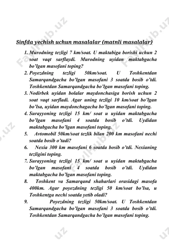 ring. 1,2,3,4; 4,5,5,6; 6,7,8,9; 9,10?, 11 3. 1,3,4,5 va 7 sonlarini qaysi 4 tasi quyidagi tenglikda ishlatilgan. 4. amallarni bajaring: xii+xxix=? 5. quyidagi rim raqami nimaga teng? cmlxxv 6. quyidagi 1,2,3,4 va 5 raqamlaridan nechta 5 xonali son tuzish mumkin. bitta raqamni faqat bir marta ishlatish mumkin. 7. quyidagi 1,2,3 va 4 raqamlaridan nechta 4 xonali son tuzish mumkin. bitta raqamni faqat bir marta ishlatish mumkin. 8. eng kichik besh xonali son va eng kata to’rt xonali sonlar farqi nimaga teng? 9. stiv tanlagan qoidasi bo’yicha uchburchakdagi songa kvadratdagi sonni mos qo’ymoqda. stiv tanlagan qoidani toping. 10. bir million bir yuz qirq besh ming besh yuz sakson besh sonini raqamlarda yozing. uyga vazifa: 1. xorazmdan toshkentgacha bo’lgan masofa 1100 km. agar poyezd bu masofani 11 soatda bosib o’tgan bo’lsa uning tezligini toping. 2. manzuraning tezligi 15 km/soat. u uyidan kutubxonagacha bo’lgan masofani 2 soatda bosib o’tdi. uyidan kutubxonagacha bo’lgan masofani …