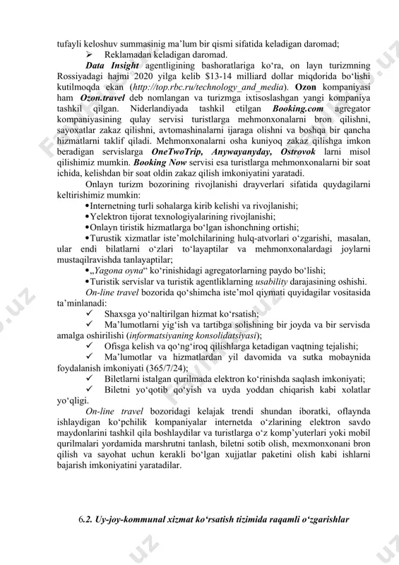 a blokcheyn iste’molchiga to‘g‘ridan-to‘g‘ri ishlab chiqaruvchi bilan ishlash imkonini beradi. gap muntazam ro‘yxatga olingan zanjirlar bazasiga asoslangan va tarqatish, qayta ko‘rib chiqish, axborotni buzib kirish va xatto o‘girlashlarga chidamli taqsimlanadigan ma’lumotlar bazalari texnologiyasi xaqida ketyapti. dastlab, u kriptovalyutalar bozorlar uchun ishlab chiqilgan, ammo keyinchalik boshqa soxalarda qo‘llanila boshlangan. yaratilayotgan texnologiyalar 5-10 yil ichida turizm bozorini jiddiy ravishda o‘zgartirishi mumkin. barcha vositachilar bozorni tark etishi mumkin va sayyoxlik maxsuloti yanada qulayroq bo‘ladi, turistik xizmatlar etkazib beruvchilarning mas’uliyati oshiriladi. bu tendensiya, birinchi navbatda, sayyoxlik agentliklari vakillarini bezovta qilmasligi mumkin emas. bugungi kunda kuzatilayotgan tendensiyalardan biri - turistik xizmatlar etkazib beruvchilar va turoperatorlar o‘rtasida mijoz uchun kurashda manfaatlar to‘qnashuvining oshkora namoyon bo‘lishidir. bugungi kunda turistik xizmatlar etkazib beruvchilar turoperatorlar va turagentlarga nisbatan quyidagi kabi mashxur bo‘lmagan tadbirlardan foydalanmoqda: tarqatish xarajatlarini kamaytirish maqsadida aviakompaniyalar tomonidan agentlik komissiyalarini bekor qilish; to‘gridan-to‘gri buyurtmani yanada jozibador qiladigan mijozlarga sodiklik dasturlari; aviakompaniya veb-saytlarida narxlar ko‘pincha bloklash baxosidan past …