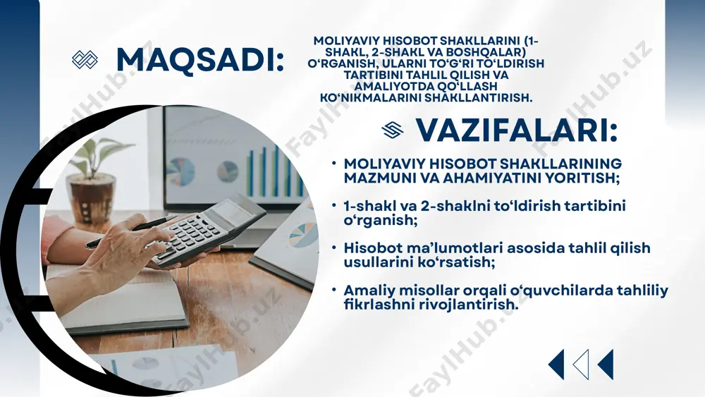 irligi, korxonalar buxgalteriyalari 2025-yil iv chorak ma’lumotlarning tezkorligi, xatoliklarning kamayishi, shaffoflikning ortishi 3 buxgalter va iqtisodchilar uchun malaka oshirish kurslarini tashkil etish oliy ta’lim muassasalari, moliya vazirligi huzuridagi o‘quv markazlari har yili muntazam mutaxassislarning bilim va ko‘nikmalari oshadi, hisobotlar sifatli yuritiladi 4 ichki va tashqi audit tizimini kuchaytirish mustaqil auditorlik tashkilotlari, korxona rahbariyati 2025-yildan boshlab doimiy hisobotlarda xatolik va kamchiliklarning oldi olinadi, moliyaviy intizom mustahkamlanadi 5 kichik va o‘rta biznes uchun oddiylashtirilgan hisobot shakllarini ishlab chiqish moliya vazirligi, savdo-sanoat palatasi 2026-yil kob subyektlari uchun hisobot topshirish qulayligi, soliq intizomi va rasmiylashtirishning yengillashuvi e‘tiboringiz uchun rahmat ! image9.jpeg image10.jpeg image11.png image12.png image13.svg image1.jpeg image2.png image3.svg image4.png image5.svg image6.png image7.svg image8.png image14.png image15.svg image16.jpeg image17.png image18.svg image19.png image20.svg image24.svg image25.jpeg image21.png image22.svg image23.png image26.png image27.svg image28.jpeg image29.jpeg image30.jpeg image31.png image32.svg image36.jpeg image37.jpeg image33.jpeg image34.jpeg image35.jpeg image38.jpeg image39.png image40.svg image41.jpeg image42.jpeg /docprops/thumbnail.jpeg