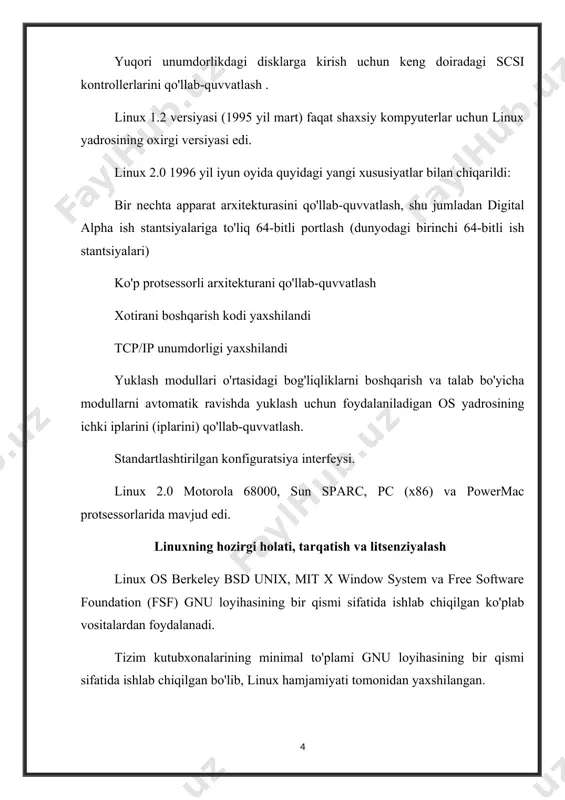 aridan biri edi. yuqori ishonchliligi tufayli asosan server operatsion tizimi sifatida ishlatiladi . linux-dan mijoz os sifatida foydalanishga kelsak, uni ishlatish ulushi rasmda ko'rsatilganidek, juda kichik . 25.1 turli xil operatsion tizimlardan veb-mijoz sifatida foydalanish diagrammasi. guruch. 25.1. veb-mijoz sifatida turli xil operatsion tizimlardan foydalanish, 2010 yil mart. linux tizimining dizayn tamoyillari va komponentlari linux ko'p foydalanuvchili va ko'p vazifali operatsion tizim bo'lib, unix-mos keluvchi vositalarning to'liq to'plamiga ega. uning fayl tizimi an'anaviy unix semantikasiga amal qiladi. u standart unix tarmoq modelini to'liq amalga oshiradi. linux uchun asosiy dizayn maqsadlari tezlik , samaradorlik va standartlashtirishdir. linux posix-ga mos keladigan tarzda ishlab chiqilgan va kamida ikkita linux distribyutsiyasi posix-ga mos ravishda rasmiy ravishda sertifikatlangan. linux dasturlash interfeysi svr4 unix dialekti semantikasiga mos keladi (at&t tomonidan ishlab chiqilgan), lekin bsd unix dialektiga (berkli universiteti tomonidan ishlab chiqilgan ) mos kelmaydi . linux tizimining tarkibiy qismlari rasmda ko'rsatilgan . 25.2 . guruch. 25.2. …