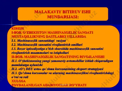 mustaqillik yillarida o’zbekistonda mashinasozlik sanoatining rivojlanishi — PPT