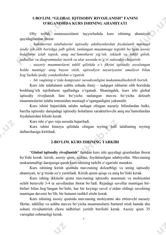 ja-ekspert; · moliya; · iqtisod va moliya / ekonomika i finansi; · upravlenie predpriyatiem; b) ijtimoiy – iqtisodiy gazetalar: · biznes vestnik vostoka; · xalq so‘zi; · soliq va bojxona xabarlari; · soliq-info; · pravda vostoka; v) maxsus internet portallarida: · http://prezident.uz/ – o‘zbekiston respublikasi prezidentining matbuot xizmati; · http://gov.uz/ – o‘zbekiston respublikasi xukumat portali; · http://edu.uz – oliy va o‘rta maxsus ta’lim vazirligining rasmiy sayti; · http://ziyonet.uz – axborot-resurs tarmog‘i; · http://lex.uz – o‘zbekiston qonunchiligi milliy bazasi · http://norma.uz – axborot huquqiy tizim · http://uzreport.com – iqtisodiy axborotlar portali; o‘zbekiston respublikasi vazirlar mahkamasi huzuridagi oliy attestatsiya kommisiyasining tavsiya qilgan xorijiy nashrlari. milliy iqtisodiyotning o‘ziga xos tomonidan biri shundaki, u jahon mamlakatlarini bozor iqtisodiyotiga o‘tish tajribasini o‘rgangan holda tashkil etilgan. lekin ushbu modellar aynan ko‘chirilmay ularga tanqidiy va ijodiy yondashgan holda o‘zbek iqtisodiyotining modeli tuzilgan. global iqtisodiy rivojlanishni o‘rganish jarayonida iqtisodchi olimlar unga turli xil yondashadilar. kurs ishini bajarish jarayonida …