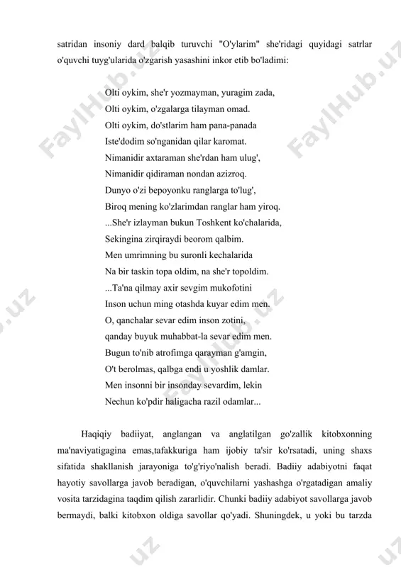 rarlidir. chunki badiiy adabiyot savollarga javob bermaydi, balki kitobxon oldiga savollar qo'yadi. shuningdek, u yoki bu tarzda yashash kerak deb tavsiya ham bermaydi, yo'l ko'rsatmaydi. chunki inson tabiatining, hayotiy vaziyatlarning sanoqsizligi, hisobsiz muqobillarga egaligi bu xil tavsiyalarni darrov samarasiz qiladi. mabodo, adabiyot biror buzilgan narsani tuzatsa ham, faqat muhabbat dorisi bilan, insoniylik malhami bilan tuzatadi. saksoninchi yillardan boshlab, adabiy ta'limda asar tahlilining hal qiluvchi ahamiyati anglanadigan bo'ldi. o'sha anglanishning, asar tahlili inson ma'naviyatining shakllanishida tutgan yuksak mavqei tan olinishining natijasi o'laroq "badiiy tahlil" yoki "hermenevtika" singari yangi filologik fanlar paydo bo'ldi hamda bir qator respublikalardagi oliy maktablarning filologiya fakultetlari o'quv rejalariga kiritilib, o'qitila boshlandi. afsuski, filolog mutaxassislarning ham badiiy tahlil madaniyati g'oyat past, oliy maktablarni bitirib chiqayotgan yosh mutaxassislarda san'at asarlarini tahlil qilish ko'nikmalari shakllantirilishi lozim. mazkur fan milliy adabiyotshunoslik tomonidan nazariy jihatdan ishlab chiqilmoqda. xullas, hozirgi kunda, xuddi madaniy saviyasi baland mamlakatlarda bo'lgani singari, "badiiy tahlil" ilmini yaratish hamda …