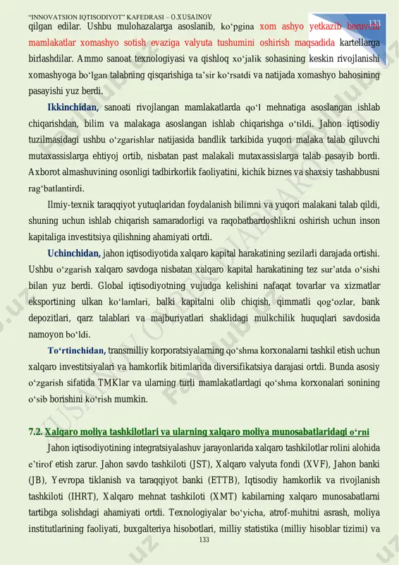 . xomashyo yetkazib beruvchi mamlakatlar va sanoati rivojlangan mamlakatlar о‘rtasida an’anaviy iqtisodiy aloqalar mavjud bо‘lib, ularning о‘zaro munosabatlar modeli quyidagicha edi: xomashyo yetkazib beruvchi mamlakatlar xomashyoni eksport qilib, olingan valyuta tushumlaridan sanoat mahsulotlari importini moliyalashtirganlar. xx asrning 70-yillarida "rim klubi" nomi bilan mashhur g‘arbiy yevropa olimlari “dunyo miqyosida tez orada tabiiy resurslarning global taqchilligi yuzaga keladi” deb bashorat “innovatsion iqtisodiyot” kafedrasi – o.xusainov 133 133 qilgan edilar. ushbu mulohazalarga asoslanib, kо‘pgina xom ashyo yetkazib beruvchi mamlakatlar xomashyo sotish evaziga valyuta tushumini oshirish maqsadida kartellarga birlashdilar. ammo sanoat texnologiyasi va qishloq xо‘jalik sohasining keskin rivojlanishi xomashyoga bо‘lgan talabning qisqarishiga ta’sir kо‘rsatdi va natijada xomashyo bahosining pasayishi yuz berdi. ikkinchidan, sanoati rivojlangan mamlakatlarda qо‘l mehnatiga asoslangan ishlab chiqarishdan, bilim va malakaga asoslangan ishlab chiqarishga о‘tildi. jahon iqtisodiy tuzilmasidagi ushbu о‘zgarishlar natijasida bandlik tarkibida yuqori malaka talab qiluvchi mutaxassislarga ehtiyoj ortib, nisbatan past malakali mutaxassislarga talab pasayib bordi. axborot almashuvining osonligi tadbirkorlik faoliyatini, …