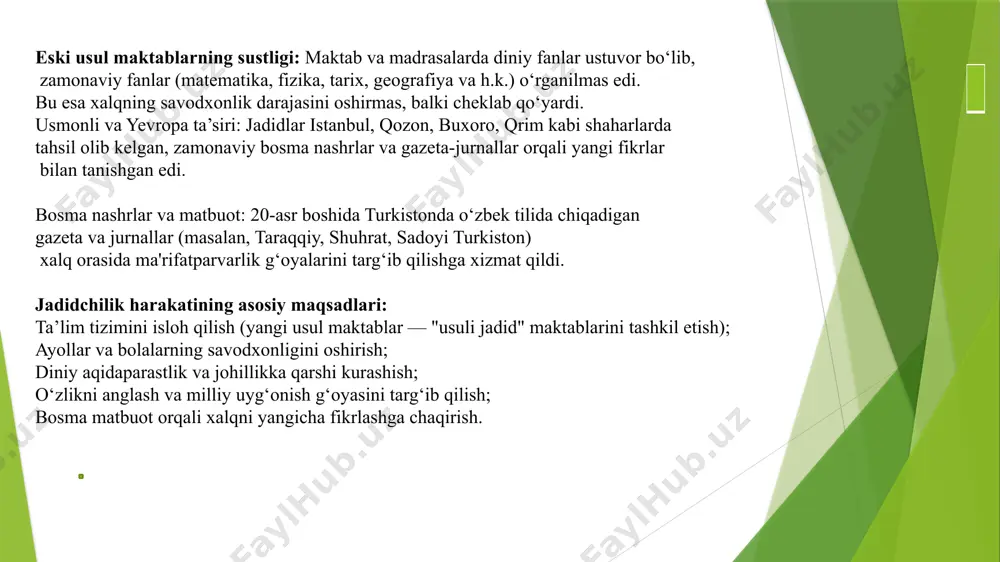 adi. “qiyomat” dramasi orqali ruhoniylar va diniy zo‘ravonlikni keskin fosh etadi. 4. til va adabiy islohotchi fitrat o‘zbek adabiy tilining asoschilaridan biridir. “til – millat ko‘zgusidir” degan tamoyilga amal qilib, asarlarida xalq tilini ommaviylashtirdi. u adabiy asarlari bilan o‘zbek tilini nasr, drama, publitsistika janrlarida boyitdi. 5. teatr va dramaturgiya rivojiga hissa u “oila”, “qiyomat”, “chin sevgi” kabi sahna asarlari orqali jamiyatdagi muammolarni ochiq fosh qildi. uning teatr asarlari orqali ayollar erkinligi, zamonaviy oila, ilm-fan targ‘ib qilindi. teatrni millatni uyg‘otish quroli deb ko‘rdi. 6. davlat islohotchisi va siyosatchi sifatida fitrat buxoro xalq sovet respublikasining ta’lim vaziri, keyinchalik tashqi ishlar vaziri lavozimlarida ishlagan. u buxoro madrasalarini zamonaviy bilimlar bilan boyitishga uringan. yangi usul maktablari ochilishini qo‘llab-quvvatlagan, “musulmonlar majlisi” faol a’zolaridan bo‘lgan. 7. jadid matbuotining faoli fitrat istanbulda “taraqqiy” gazetasi bilan hamkorlik qilgan. o‘zbekiston, buxoro va afg‘onistonda chiqarilgan gazetalar orqali jamiyat, ma’rifat, siyosiy yangilik haqida yozgan. publitsistikasi orqali xalqni uyg‘otishga intilgan. abdurauf fitratning …