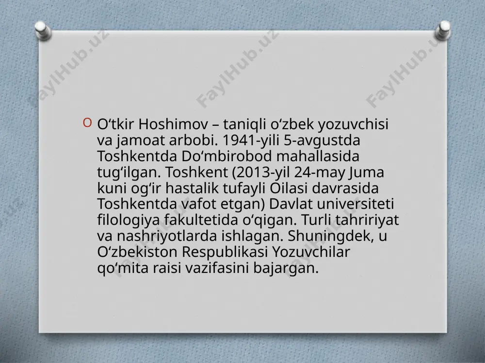 abi drama, komediya, bir qator kinossenariylar muallifi. „daftar hoshiyasidagi bitiklar“(2001) kitobi ijtimoiy -maʼnaviy hayotda muayyan iz qoldirgan. choʻl havosi“ nomli birinchi qissasi 1963 yilda bosilib chiqqan. talabchan adib abdulla qahhorning eʼtiboriga sazovor boʻlgan. „urushning soʻnggi qurboni“, „yanga“, „muhabbat“, „dehqonning bir kuni“, „umr savdosi“, „quyosh tarozusi“, „oq bulut, oppoq bulut“ singari oʻnlab hikoyalari, „shamol esaveradi“ (1968), „bahor qaytmaydi“ (1970), „qalbingga quloq sol“ (1973), „dunyoning ishlari“ (1982), „ikki karra ikki-besh“ (1987) qissalari, „nur borki, soya bor“ (1976), „ikki eshik orasi“ (1985), „tushda kechgan umrlar“ (1993) kabi romanlar yozgan. adib asarlarida zamonaviy oʻzbek xalqining maʼnaviy dunyosi, milliy ruhi, urf-odatlari tasvirlangan „toʻylar muborak“, „sizdan ugina, bizdan bugina“, „vijdon dorisi“, „inson sadoqati“, „qatagʻon“ singari pyesalar muallif. u e. xemenguey, k. simonov, a. kuprin va boshqa adiblarning asarlarini oʻzbek tiliga tarjima qilgan. oʻtgan asrning sovet mafkurasi hukmron boʻlgan 70-yillarida oʻtkir hoshimov oʻzbekiston televideniesida „bahs“ deb nomlangan eshittirishlarni olib bordi. bu eshittirishlar yozuvchining „qalbingga quloq sol“ ¸"dunyoning …