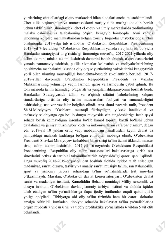 nster universiteti, toshkent shahrida m.v. lomonosov nomidagi moskva davlat universiteti, i.m.gubkin nomidagi rossiya neft va gaz davlat universiteti, singapur menejmentni rivojlantirish instituti, italiyaning turin politexnika universiteti filiallari ish boshladi. shuningdek, toshkentda g.v. plexanov nomidagi rossiya iqtisodiyot akademiyasi va janubiy koreyaning inha universiteti filiallari ham o‘zbek yoshlariga o‘z ta'lim sirlarini o‘rgatmoqdalar. xorijiy universitetlarning toshkentdagi filiallari vest minster universitet i m.v.lo monosov nomidagi moskva davlat universitetinin g filiali i.m. gubkin nomidagi rossiya neft va gaz davlat universite ti filial sing apur menejment ni rivojlantiri sh instituti filial turin politexnika universiteti filiali g.v.p lexanov nomidagi rossiya iqtisodiyot akademiyas i filiali janub iy koreyaning inha universiteti filiali 200 2 2006 2007 2008 2009 2009 2014 iqtis odiyot va biznes matematika va psixologiya neft va gaz menejmen texnika va texnologiya la iqtisodiyot axborot texnologiya lar yurtimiz va xorijdagi o‘quv maskanlarida yuzlab iqtidorli yoshlar ta'lim olmoqda va o‘z malakasini oshirmoqda. bunda xorijiy ta'lim muassasalari bilan ikki …