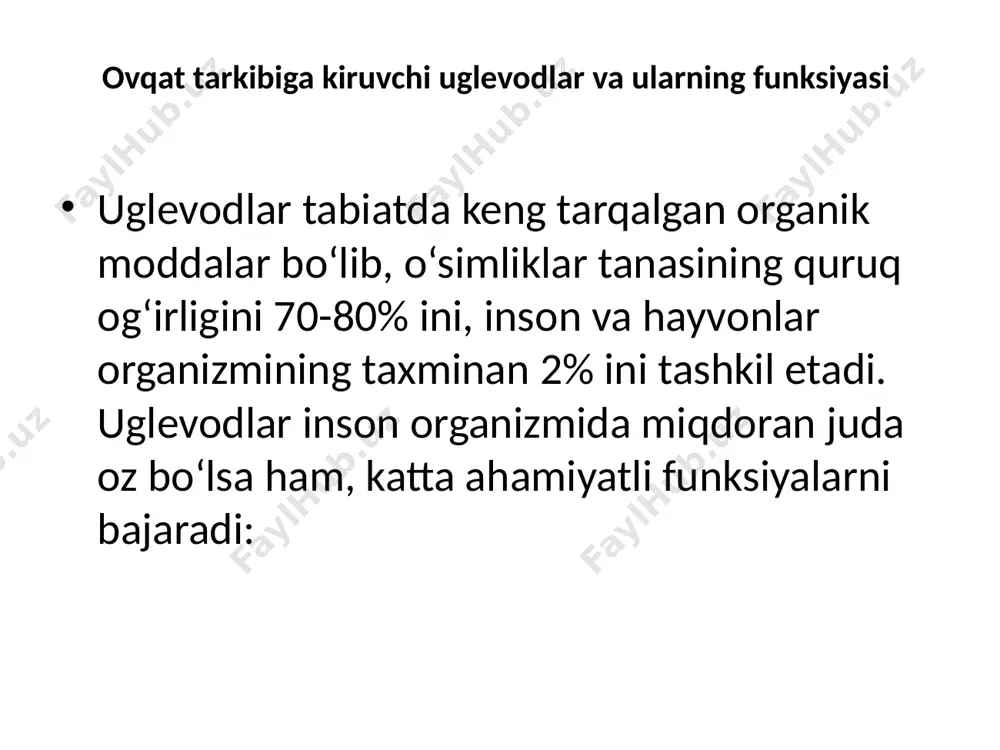 o’ladi va gеksokinazadan farqlanadi: faqat d-glyukoza uchun spеtsifik glyukoza-6-fosfat unga ingibitor sifatida ta'sir etmaydi glyukoza uchun yuqori kmga ega (10 mmol/l) glyukoza kontsеntratsiyasi qonda ko’tarilganda ta'sir etadi, glyukoza glikogеnga aylanadi. glikogenning fiziologik ahamiyati va metabolizmi glikogen (hayvon kraxmali) glyukoza qoldiqlaridan tashkil topgan polimer bo‘lib, bunda glyukozalar ozaro 1-4 va 1-6 glikozid bog‘lar yordamida bog‘lanadilar va natijada shoxlangan glikogen molekulasi hosil bo‘ladi. qonda glyukozaning miqdori iste’mol qilingan uglevodlar hisobiga ortganda, glyukozadan glikogen sintezi tezlashadi. muskul to‘qimasining glikogeni esa jigar glikogeniga nisbatan kechroq parchalanadi. glikogen deyarli hamma to‘qimalarda (hatto yog‘ to‘qimasida) uchrab, uning parchalanishi va sintezlanishi toxtovsiz davom etadi. shu glikogenning miqdori jigarda ma’lum turg‘unlikka ega. ammo glikogen biosintezi asosan jigar va skelet muskullarida boradi. bunda glyukoza fosfoglyurokinaza fermenti ta’sirida, atf ishtirokida (fosforlanish reaksiyasi borib) glyukoza­6-fosfatga aylanadi: u fosfoglyukomutaza ta’sirida glyukoza-1­fosfatga, so‘ng glyukoza-1-fosfat-uridiltransferaza ta’sirida va utf ishtirokida (pirofosfat ajratib), udf glyukozaga: bu esa glikogen sintetaza fermenti ta’sirida va hali sintezlanib bo‘lmagan glikogen …