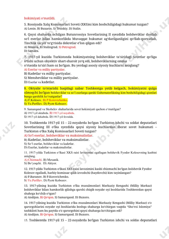 echasi. b) 1917-yil 25-oktabrdan 26-oktabrga o‘tar kechasi. s) 1917-yil 27-oktabrdan 28-oktabrga o‘tar kechasi. d) 1917-yil 29-oktabrdan 30-oktabrga o‘tar kechasi. 2. muxtoriyat atamasining izohi qaysi qatorda to‘g‘ri ko‘rsatilgan? a) biron-bir hududning davlat hokimiyatini mustaqil amalga oshirish huquqi. b) mavjud davlat tuzumini tanqid ostiga olib, radikal o‘zgarishlar va islohotlar o‘tkazishni talab etuvchi siyosiy oqim. s) umumiy maqsadga erishish uchun tashkil etilgan ko‘ngilli birlashma, bir nechta partiya tomonidan hukumatni ittifoq bo‘lib boshqarish. d) to‘g‘ri javob qayd etilmagan. 3. 1917-yilning oktabr to‘ntarishi haqidagi xabar qaysi sanada toshkentga yetib kelgan? a) 4-dekabrda. b) 29-oktabrda. s) 1-dekabrda. d) 27-oktabrda. 4. quyidagi qaysi tarixiy ma’lumot noto‘g‘ri qayd etilgan? a) toshkentda 1917-yil 15-22-noyabrda bo‘lgan turkiston ishchi va soldat deputatlari sovetlarining iii o‘lka syezdida sovet hukumati - turkiston o‘lka xalq komissarlari soveti tuzildi. b) toshkent shahrida “sho‘roi ulamo” tashkilotining tashabbusi bilan 1917- yil 12-15-noyabrda “turli musulmon guruhlarining birlashgan kengashi” o‘tkazilib, unda sirdaryo va samarqand viloyatlaridan kelgan vakillar qatnashdi. s) …