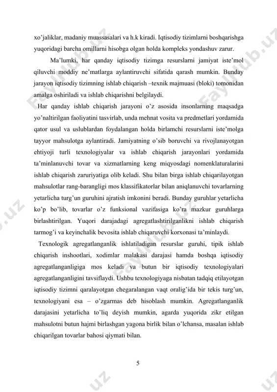 ishlab chiqariladigan mahsuloti hajmi qiymatini qabul qiladi. umuman, aytganda har qanday ishlab chiqarish funksiyalari ko’rsatkichlar tizimi bilan xarakterlanadi. ko’rsatkichlar iqtisodiy kategoriya, jarayon yoki holatining miqdoriy ifodasi hisoblanadi. ko’rsatkichlar tizimiga me’yoriy va limitlar ko’rsatkichlar ham kiradi. me’yoriy ko’rsatkichlar - nisbiy ifodadir. limit ko’rsatkichlar - yakuniy natijaga erishish uchun sarflanadigan resurslarning mumkin bo’lgan chegaraviy miqdoridir [2,9,13]. ko’rsatkichlar tizimi kengaytirilgan qayta ishlab chiqarishning turli jihatlariga mos ravishda bloklarga bo’linadi. iqtisodiy va ijtimoiy jarayonlarni matematik modellashtirishda ko’rsatkichlarning asosiy blokini ishlab chiqarish hajmi, mehnat resurslari, asosiy va aylanma fondlari, kapital qo’yilma, tabiiy resurslar, ilmiy-texnik taraqqiyot, moliyaviy va pul aylanmasi, ijtimoiy taraqqiyot va aholi yashash darajasi, tashqi iqtisodiy aloqalar ko’rsatkichlari tashkil etadi iqtisodiyotni boshqarish darajasiga qarab ko’rsatkichlar makroiqtisodiy ko’rsatkichlar, tarmoq ko’rsatkichlari va mintaqaviy ko’rsatkichlarga bo’linadi. ayrim ko’rsatkichlardan boshqarishning barcha bo’g’inlarida foydalaniladi. masalan, material sig’imlilik, mehnat unumdorligi va hakoza. boshqa ko’rsatkichlar tarmoq, mintaqa xususiyatlarini ifodalaydi. umuman aytganda, barcha ko’rsatkichlar quyidagi guruhlarga ajratiladi. 1. natural va qiymat ko’rinishda …