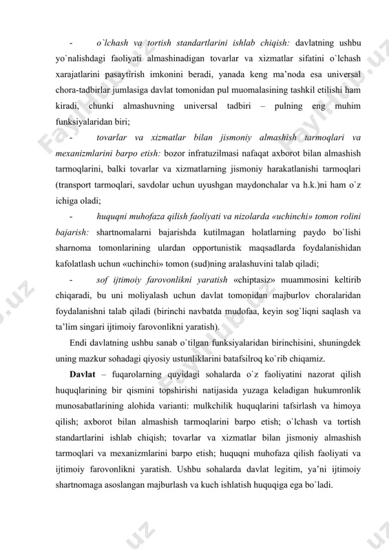 axborot bilan almashish tarmoqlarini barpo etish; o`lchash va tortish standartlarini ishlab chiqish; tovarlar va xizmatlar bilan jismoniy almashish tarmoqlari va mexanizmlarini barpo etish; huquqni muhofaza qilish faoliyati va ijtimoiy farovonlikni yaratish. ushbu sohalarda davlat legitim, ya’ni ijtimoiy shartnomaga asoslangan majburlash va kuch ishlatish huquqiga ega bo`ladi. 2. mulkchilik huquqlarini tafsirlash va himoya qilish mulkchilik huquqlarini belgilash va himoya qilish jarayoniga davlatning aralashuviga muqobillik iqtisodiy agentlarning o`zlarining resurslardan foydalanish qoidalari haqida kelishishga urinishlaridan iborat. masalan, resurslardan foydalanish me’yori «birinchining ustuvorligi» bilan tartibga solinishi mumkin. o`rmonda qo`ziqorin terish yoki navbatda turish ushbu me’yorga yaqqol misol bo`lib xizmat qiladi. biroq mulkchilik huquqlarini tafsirlash uning yordamida ikkita cheklovga duch keladi. birinchidan, noaniqlikni pasaytirishga faqat qisqa muddatli davrda erishiladi, chunki har safar resursning yangi egasi paydo bo`ladi, bu esa o`zaro hamkorlik ishtirokchilariga barqaror kutishlarni shakllantirish imkonini bermaydi. ikkinchidan, hatto qisqa muddatli davrda ham resursning eng uddaburon va samarali mulkdorning emas, balki faqat birinchi bo`lganning nazorati …