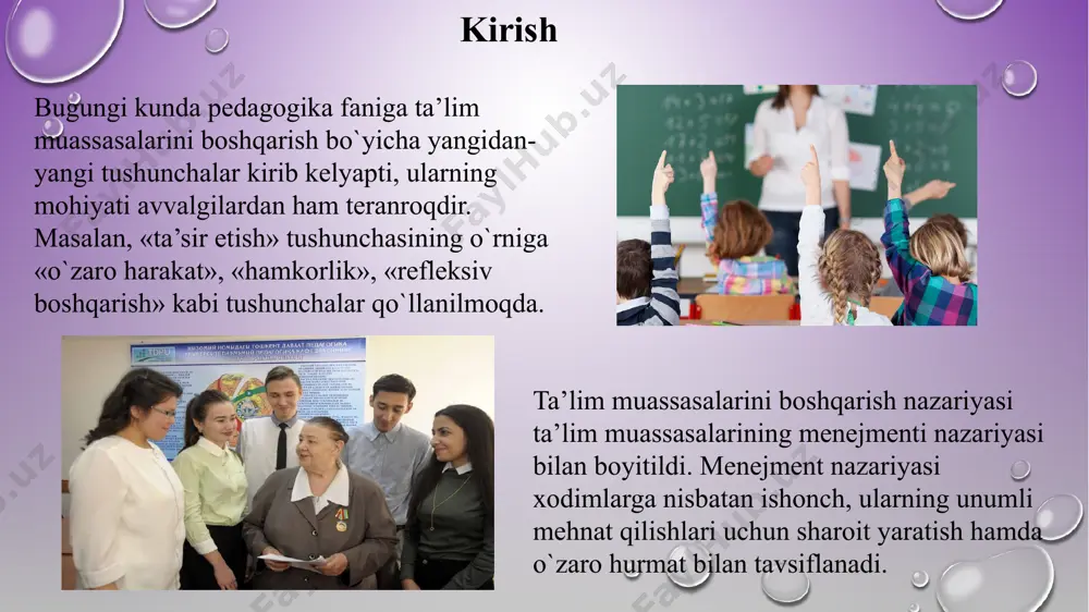 unktsiya boshqaruv faoliyatining barcha yo‘nalishlarida o‘z ifodasini topadi. bu kadrlar tanlash va joy-joyiga qo‘yish, ijrochilarning o‘zaro ta’sir etish tizimini shakllantirish, axborotlar to‘plash va ularga ishlov berish faoliyatlari bilan bog‘liq bo‘ladi. nazorat-tashxis funktsiyasi. nazorat - bu boshqaruv jarayonining faol bosqichlaridan biri bo‘lib, u boshqaruvning barcha funktsiyalari bilan bog‘liq bo‘ladi. tartibga solish - muvofiqlashtirish funktsiyasi pedagogik tizimning holatini zaruriy, belgilangan darajada ushlab turish, uni yangi sifat darajasiga ko‘tarish va pedagogik jarayonda yo‘l qo‘yilayotgan xatoliklami tuzatish hamda pedagogik jarayon ishtirokchilarining xatti-harakatlarini tartibga solish uchun xizmat qiladi. zamonaviy ijtimoiy-iqtisodiy shart- sharoitlarda ta’lim muassasalarini boshqarishga ko‘p darajada mos keladigan metodlarning to‘rt asosiy guruhi: iqtisodiy, tashkiliy- ma’muriy, ijtimoiy-psixologik va axborotlar to‘plash metodlarini ajratib ko‘rsatish mumkin. boshqaruv metodlari. iqtisodiy metodlar o‘zaro bog‘liq bo‘lgan iqtisodiy ko‘rsatkichlarning yig‘indisini tavsiflab, har bir ishchi va butun muassasa uchun talablar belgilash bilan birgalikda zamonaviy talablar darajasida faoliyat ko‘rsatishlari uchun sharoitlar yaratadi. tashkiliy-ma’muriy metodlar ham iqtisodiy metodlar bajaradigan vazifalarni bajaradi, faqat ularning ta’sir …