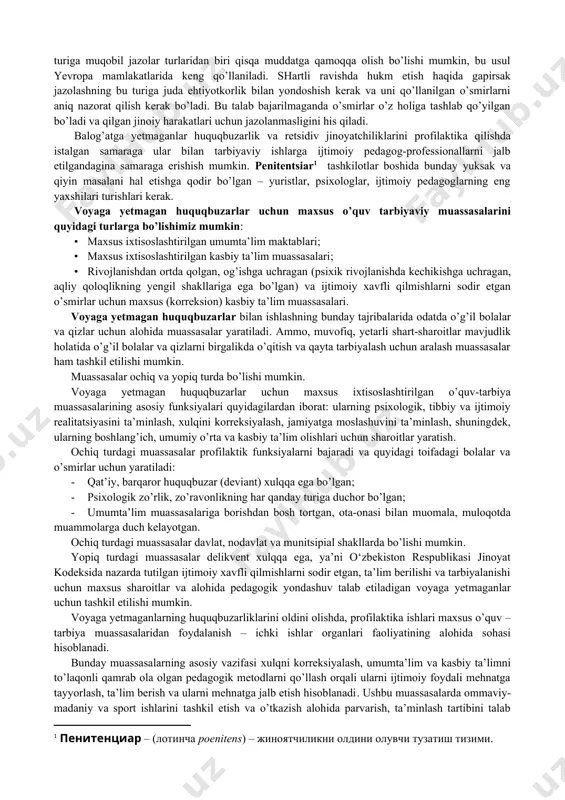 an ochiq sotsiumda (o’smir kichik huquqbuzarlik sodir etgan bo’lsa yoki shartli hukm etilgan bo’lsa) o’tkazilsa yoki maxsus o’quv tarbiyaviy tashkilotlarda olib borilsa, tarbiyalash koloniyalarida asosan balog’atga yetmagan hukm etilganlarga yordam reabilitatsion dasturlari amalga oshiriladi. balog’atga yetmaganlar uchun koloniyalarda tarbiyalash jarayoni «kattalar» koloniyalaridan ancha farq qiladi. bu koloniyalarda qonun hukm etilganlar bilan ishlash uchun katta imkoniyatlar yaratib beradi, ta’sir ko’rsatish pozitiv choralari qo’llaniladi, bu imtiyozlar sonini ancha oshiradi va jazo choralarini ancha kamaytiradi. o’smirlar bilan ishlashda umumta’lim va professional tayyorgarlikdan iborat o’quv-tarbiyaviy ishlarga asosiy e’tibor qaratiladi. hamma tarbiyalanuvchilar uchun ular kasb egallashlari uchun kerakli sharoitlar yaratiladi: shu bilan birga kasb tanlash keng va ixtiyoriy imkoniyatlari ta’minlanadi. region va mehnat bozori talablari, yoshi, jismoniy va psixik xususiyatlari hisobga olinadi. mehnat tarbiyasining samaraliligini oshirish o’smirlarni ijtimoiylashtirish masalasini, ularni mustaqil hayotga tayyorlashning muhim sharti hisoblanadi. hukm etilganlarning ko’pchiligi koloniyaga kelishidan avva maktablarda kollejlarda o’qigarlar, imtizomni buzuvchi, tartibbuzarlikni boshlovchi va janjallarda ishtirok etuvchi deb ta’riflanadilar, …