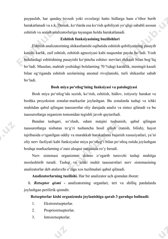 analizatorlar kompleksidan iboratdir. bosh miya po‘stlog‘ida har xil tashqi va ichki taassurotlarni qabul qiluvchi retseptorlarning o‘ziga xos analizator zonalari joylashgan. masalan, ko‘z va quloqdagi retseptorlarda paydo bo‘lgan ko‘zg‘alishlarni bosh miya po‘stlog‘idagi o‘ziga xos zonalar qabul qiladi. analizatorlarning periferik qismi (retseptor) ta’sirlarni nerv impulsiga aylantirib beradi uning miya po‘stlog‘idagi qismida oliy sintez va analiz jarayonlari boradi. har bir analizator zonasi miya po‘stlog‘ining ma’lum bir bo‘lakchasi bilan chegaralanmagan, balki atrofga keng tarqalgandir. analizatorning zich joylashgan qismlari analizator markazi yoki yadrosi deyiladi. bir analizatorning periferiyasi ikkinchi analizator sohasi bilan qo‘shilib ketgan bo‘ladi, shuning uchun bir analizator sohasining zararlanishi ikkinchi bir analizator funksiyasining ham o‘zgarishiga olib keladi. shunday kilib, retseptorlar tashqi taassurotni nerv impulsiga aylantirib bergandan keyin, impuls o‘tkazgich yo‘llar orqali analizator yadrosiga va uning periferiyasiga yetib boradiyu bu yerda oliy analiz va sintez jarayonlari yuz beradi. bosh miya po‘stlog‘ining oliy faoliyatining buzilishi va neyropsixologik tekshirish usullari. bosh miya po‘stlog‘ining oliy faoliyati praksis, gnozis, …