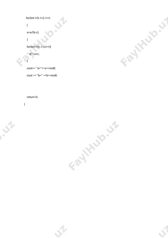 run and debug c++ program online. write your code in this editor and press "run" button to compile and execute it. *******************************************************************************/ #include using namespace std; int main() { int a=100,b=10,c=5; for(int i=0; i<2; i++) { a=a/(b-c); } for(int i=0; i<2;i++){ b*=a+c; } cout<< "a="<<a<<endl; cout << "b=" <<b<<endl; return 0; }