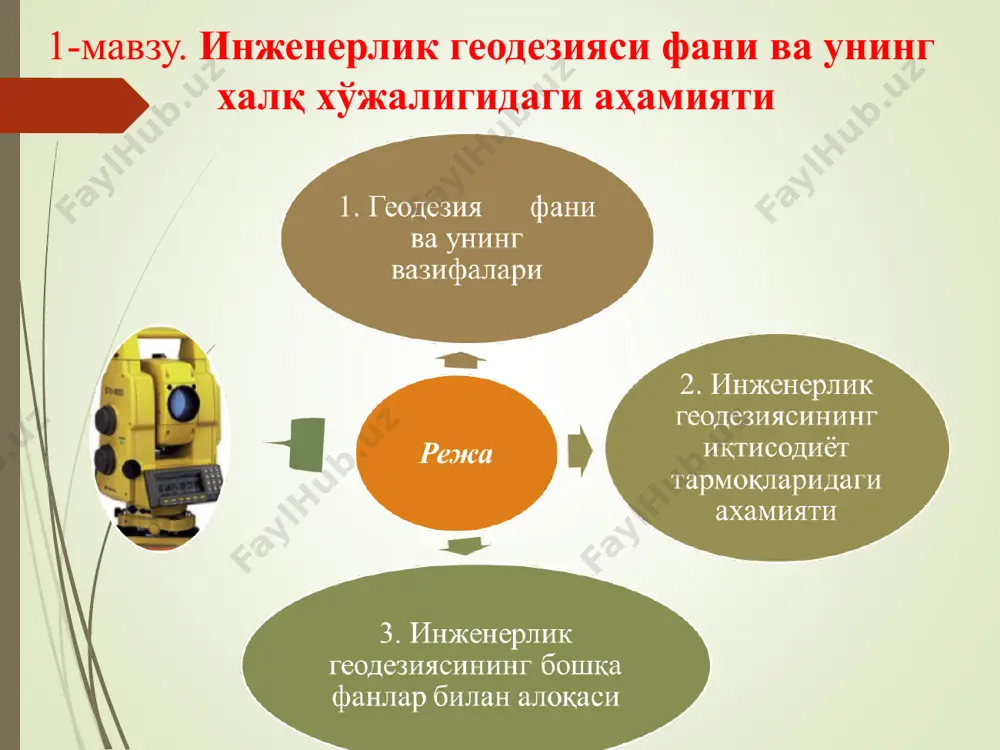 ллар тузиш орқали ернинг сирти унинг шакли ва ўлчамлари ўрганиб чикилади. шунинг учун инженерлик инженерлик геодезияси фанининг вазифалари қўйидагиларни ташкил қилади: 1. махсус асбоблар ёрдамида ер сиртида ўлчашларни бажариш усулларини ўрганиш. 2. ўлчаш натижаларини замонавий техник воситалари ва эхм ёрдамида ишлаб чиқиш усулларини ўрганиш 3. график чизмалар (карта, план ва профил) ни тузиш ва расмийлаштириш усулларини ўрганиш 4. турли инженерли масалаларни ечишда ўлчаш натижалари ва график чизмаларни қўллаш 7 маълумки, инженерлик геодезияси хам бошқа фанлар каби хаётий талаблар асосида вужудга келган ва ишлаб чиқариш кучларининг тараққий этиши билан тобора ривожланиб борган. инсон қадимдан ўзи яшаган жойни ҳаёт талабига кўра ҳар томонлама билишга қизиққан ва ўрганган. инженерлик геодезияси тарихи ҳам шундай бошланади. археологларнинг аниклашича, қадимий миср, месопотамия, хиндистон, хитой, греция, ўрта осиё ва бошқа мамлакатлар халқлари ўз эҳтиёжлари учун дсхқончилик қилиш ва суғориш каналларини казиш, турли бино ва иншоотларни қуриш, экин майдонларини ўзаро тақсимлаш каби масалаларни ечишда геодезик ўлчашдан фойдаланган. масалан, …