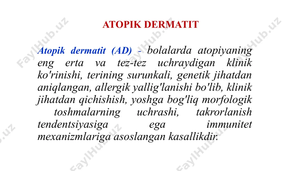 hsulotlardan foydalangan holda rejim va terini parvarish qilish qoidalarini buzish (sovun, shampunlar, krremlar, yuqori ph qiymatiga ega losonlar) 12 аd tasnifi kasallikning rivojlanish bosqichlari, davrlari va bosqichlari klinik shakllar (yoshga qarab) tarqalishi kechishi klinik va etiologik variantlar dastlabki bosqich aniq o'zgarishlar bosqichi (o’tkir davri) (o'tkir bosqich, surunkali bosqich) remissiya bosqichi (to'liq emas (subakut davr), to'liq) klinik tiklanish chaqaloq bolalar yoshlar kam ko’p tarqalgan diffuz enngil o’rta og’ir og’ir с преобладанием oziq-ovqat qo'ziqorin polen va boshqalar allergiy atopik dermatit kasallikning o'tkir bosqichi kuchli qichishish eritematoz teri fonida eritematoz papulalar va vesikulalar ekskoriatsiya, eroziya, seroz ekssudatning chiqishi kasallikning nim o’tkir bosqichi eritema ekskoriatsiya qipiqlanish современная стратегия терапии атопического дерматита: программа действий педиатра. согласительный документ ассоциации детских аллергологов и иммунологов россии. москва, 2006 13 13 atopik dermatit kasallikning surunkali bosqichi likenifikatsiya (lezyonlarda terining qalinlashishi, ta'kidlangan teri naqshlari) tolali papulalar uzoq muddatli, tez-tez takrorlanadigan kurs bilan har uch turdagi o'zgarishlar 1 bemorda terining turli …