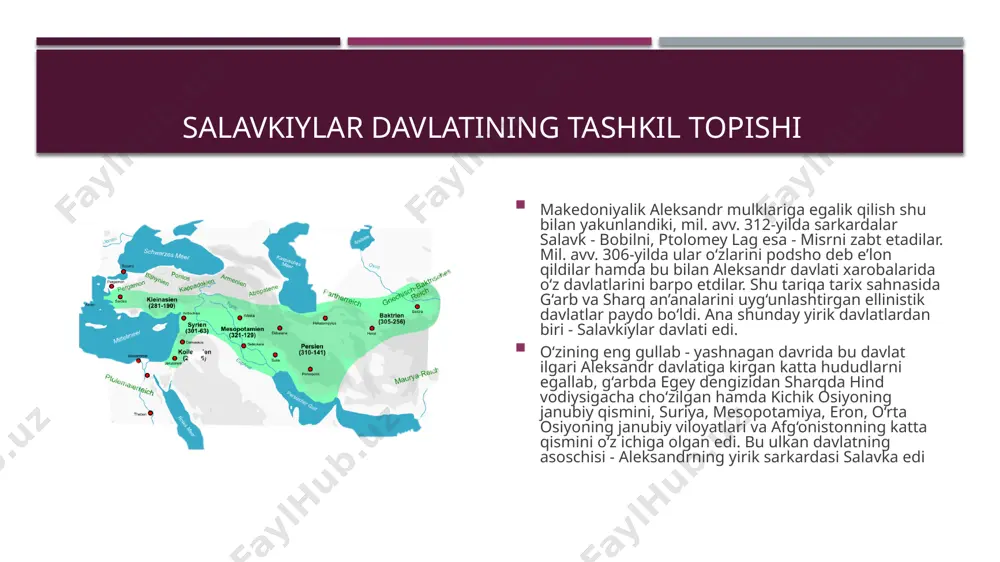 ri ham ancha murakkab edi. katta hududlarni qamrab olgan bu davlatda ijtimoiy-iqtisodiy rivojlanish darajasi va jamiyat siyosiy tashkiloti turlicha bo‘lgan. ko‘plab viloyatlarni yagona davlatga birlashtirish ancha murakkab vazifa edi. salavkiylar davlatning o‘ziga xos xususiyatlaridan biri u faqat harbiy yurishlar natijasida, kuch ishlatish yo‘li bilan paydo bo‘lgan edi. shuning uchun ham davlatning asosiy vazifalaridan biri qaram etilgan xalqlarni zo‘ravonlik bilan ushlab turish yoki birlashtirib turish edi. sharq xalqlari, mahalliy zodagonlaridan bir qismi yoki ayrimlari boshqaruv tizimiga jalb etilgan bo‘lsa-da, asosiy boshqaruvchilar makedonlar va yunonlardan iborat bo‘lgan. davlat boshqaruvi podsho ma’muriyat boshlig’i bosh sudya podsho devonxonasi moliya boshqaruvchisi soliq yig’uvchilar bosh qomon oliy qonun chiqaruvchi podsho qarindoshlari va do’stlari satrap, eparx giparx va strateglar polis va katoykalar davlat boshqaruvi har qaysi satraplikni podsho tomonidan tayinlanib qo‘yilgan satrap yoki strateg - sarkarda mansabidagi shaxs boshqargan. fors satraplaridan farq qilgan holda ular ham ma’muriy, ham harbiy boshqaruvni qo‘lga olganlar. satrap-strateg ma’muriy boshqaruvda eng yaqin …