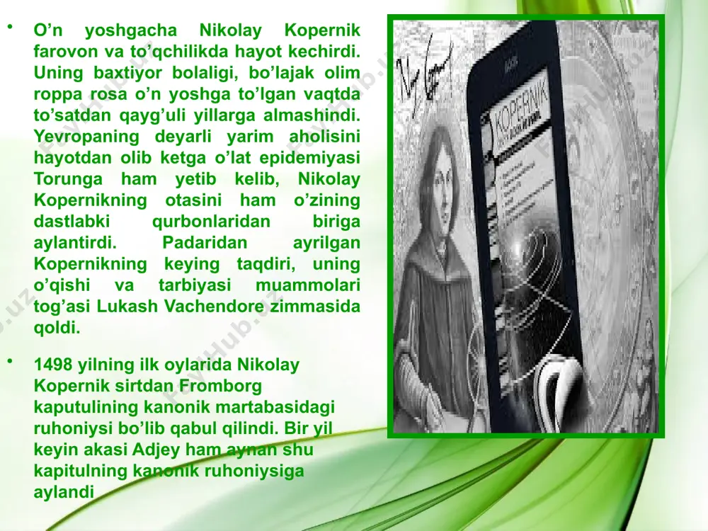 tanishganiligi va uning anna ismli qiziga ko’ngil qo’yganligini e’tirof etadilar. butun koinot sferalari uchun yagona markaz mavjud emas. yer markazi butun koinot markazi emas, u faqatgina oy va yer orbitalari tortishish markazidir. barcha sferalar o’z markazi atrofida aylanganligidek quyosh atrofida aylanadi,chunki quyosh koinot markazidir. yer sirtidan quyoshgacha bo’lgan masofa, uning radiusidan quyoshgacha bo’lgan masofadan kichik. yerda kuzatiladigan koinot yuzasidagi har qanday harakat,koinot harakatlanishi bilan emas,yerning harakati bilan bog’liqdir.yer o’zining o’zgarmas aylanish o’qini (orbitasini) bir sutkada bior marta to’liq aylanadi,bu paytda koinot yuzasi qo’zg’almas bo’ladi. bizga quyoshning harakati bilan bog’liq ko’rinadigan hodisalar,aslida yerning harakati bilan bog’liqdir. yer bilan birga quyosh atrofida aylanuvchi boshqa sayyoralarda ham shunday. birgina yerning harakatlanishi orqali koinotning qo’zg’almasligini tushuntirish mumkin. yerni ayni bir paytda ham o’z o’qi atrofida ham quyosh atrofida aylanadi. kopernikning xulosalari 1542 yilda uning «ham tekislikdagi ham fazodagi uchburchakning burchaklari va tomonlari» haqidagi asari va unga ilova tarzidagi sinuslar va kosinuslar jadvali, vittenbergdagi nashriyotlarning …