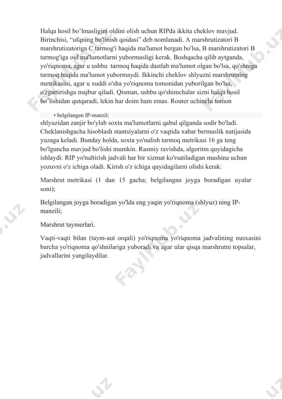 kkita cheklov mavjud. birinchisi, “ufqning bo'linish qoidasi” deb nomlanadi. a marshrutizatori b marshrutizatoriga c tarmog'i haqida ma'lumot bergan bo'lsa, b marshrutizatori b tarmog'iga oid ma'lumotlarni yubormasligi kerak. boshqacha qilib aytganda, yo'riqnoma, agar u ushbu tarmoq haqida dastlab ma'lumot olgan bo'lsa, qo'shniga tarmoq haqida ma'lumot yubormaydi. ikkinchi cheklov shlyuzni marshrutning metrikasini, agar u xuddi o'sha yo'riqnoma tomonidan yuborilgan bo'lsa, o'zgartirishga majbur qiladi. qisman, ushbu qo'shimchalar sizni halqa hosil bo’lishidan qutqaradi, lekin har doim ham emas. router uchinchi tomon shlyuzidan zanjir bo'ylab soxta ma'lumotlarni qabul qilganda sodir bo'ladi. cheklanishgacha hisoblash stantsiyalarni o'z vaqtida xabar bermaslik natijasida yuzaga keladi. bunday holda, soxta yo'nalish tarmoq metrikasi 16 ga teng bo'lguncha mavjud bo'lishi mumkin. rasmiy ravishda, algoritm quyidagicha ishlaydi: rip yo'naltirish jadvali har bir xizmat ko'rsatiladigan mashina uchun yozuvni o'z ichiga oladi. kirish o'z ichiga quyidagilarni olishi kerak:· belgilangan ip-manzil; marshrut metrikasi (1 dan 15 gacha; belgilangan joyga boradigan uyalar soni); belgilangan joyga boradigan yo'lda …