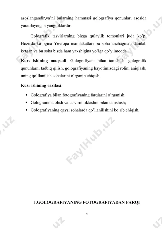 oydalaniladi. golografiyaning asosiy g’oyasiga muvofiq , jism va tayanch to’lqinlari hosil qiladigan interferension manzaradagi intensivliklar taqsimoti rasmga tushirib olinadi. so’ngra, fotoplastinkada qayd qilingan qoraygan taqsimotlar yorug’lik difraksiyasi yordamida qayta tiklanib , jism bo’lmasa ham, uni o’rganish imkoniyati vujudga keladi. fotografiyada tasvirlarning yassilik harakteri quyidagicha tushuntiriladi: fotoplastinkada buyumning ayrim nuqtalaridan qaytgan nurlarning nisbiy intensivliklari qayd qilinadi, xolos. bu nurlar fazalari orasidagi munosabatni fotoplastinkaning qorayishiga hech qanday ta‘siri yo’q. vaholanki, fazalar orasidagi munosabat buyumning ayrim nuqtalarini fotoplastinkadan uzoqliklariga bog’liqdir. masalan, h fotoplastinka sirtiga s1 nuqtaviy manba chiqargan sferik to’lqin tushayotgan bo’lsin. (1-rasm). tushayotgan yorug’lik yorug’likka sezgir qatlamning ochiq qismini tekis qoraytiradi. har qanday boshqa nuqtaviy manbadan, masalan s2 kelgan to’lqin ham ana shu natijaga olib keladi. albatta, qabul qilgich sifatida tebranish fazalarining taqsimoti to’lqin frontidan h plastinka tekisligigacha bo’lgan o’zgarib boruvchi masofa bilan aniqlanadi; fazalarning bu taqsimoti manbaning vaziyatiga bir qiymatli bog’liq. biroq fazani bilmaslik bizni to’lqinlar manbaining joylashishi haqida biror xulosa …