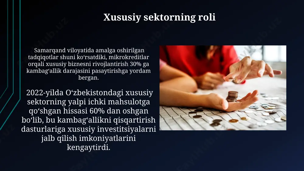 irasida 5 milliard soʻm miqdoridagi mablagʻlar 15 ta qishloq aholi punktlariga taqsimlandi, bu yerda aholining 70% dan ortigʻi qashshoqlik chegarasidan pastda yashagan. toshkent shahrida ijtimoiy himoya choralari doirasida ajratilgan 30 million soʻmlik mablagʻlarning 25%i koʻp bolali oilalarga, qolgan 75%i esa nogironlarga va keksalarga taqsimlandi, bu samaradorlikni oshirishga qaratilgan. e'tiboringiz uchun rahmat @taqdimot_robot image1.jpg image2.jpg image3.jpg image4.jpg image5.jpg image6.jpg image7.jpg image8.jpg image9.jpg