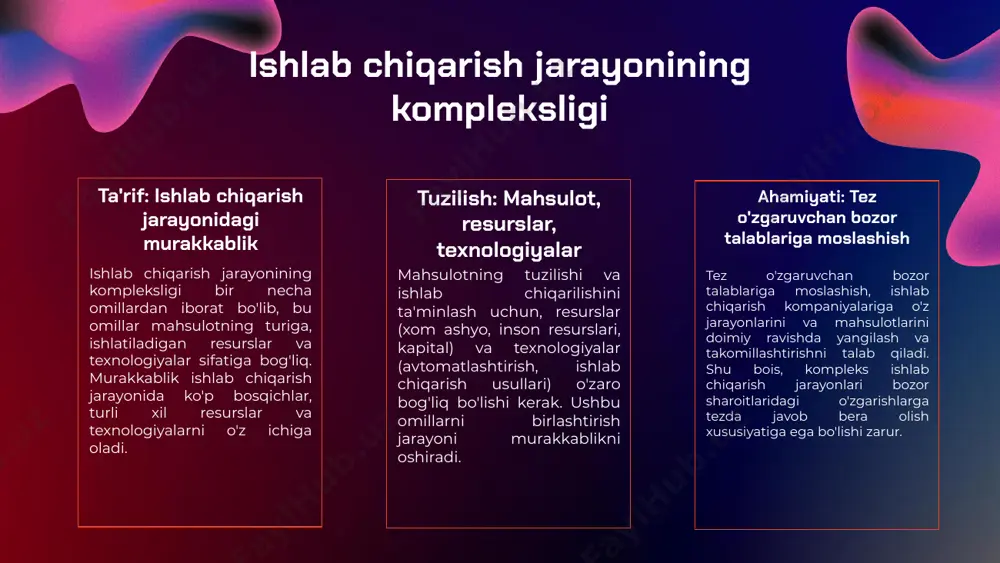 gaytirilishi bozor kengaytirilishi yangi imkoniyatlar yaratadi. kompaniya yangi mahsulotlar yoki xizmatlarni taklif qilib, yangi mijozlarni jalb etish va bozor ulushini oshirish imkoniyatiga ega. raqobatchilar va iqtisodiy o'zgarishlar raqobatchilar va iqtisodiy o'zgarishlar ishlab chiqarish jarayoniga tahdid soladi. bozordagi raqobat kuchayishi va iqtisodiy inqirozlar kompaniyaning faoliyatini murakkablashtirishi mumkin. s o w t umumiy xulosa va istiqbollar ishlab chiqarish jarayoni ishlab chiqarish jarayoni zamonaviy innovatsiyalar va texnologik yutuqlar bilan rivojlanmoqda. kelajakda samaradorlikni oshirish va xarajatlarni kamaytirish uchun yangi strategiyalar ishlab chiqish zarur. ushbu jarayonlar orqali korxonalar o'z raqobatbardoshligini mustahkamlashlari mumkin. yangi texnologiyalarni qo'llash yangi texnologiyalarni qo'llash ishlab chiqarishda ko'plab imkoniyatlarni taqdim etadi. avtomatlashtirish va raqamli texnologiyalar yordamida jarayonlarni optimallashtirish, ishlab chiqarish xarajatlarini kamaytirish va mahsulot sifatini oshirish mumkin. raqobatbardoshlikni oshirish raqobatbardoshlikni oshirish uchun innovatsion strategiyalarni amalga oshirish zarur. bu, mahsulotlarni diversifikatsiya qilish, xarajatlarni taqsimlashni optimallashtirish va mijozlarga xizmat ko'rsatishni yaxshilash orqali amalga oshiriladi. xarajatlarni taqsimlash usullari foyda asosidagi taqsimlash foyda asosidagi taqsimlash, mahsulotlar …